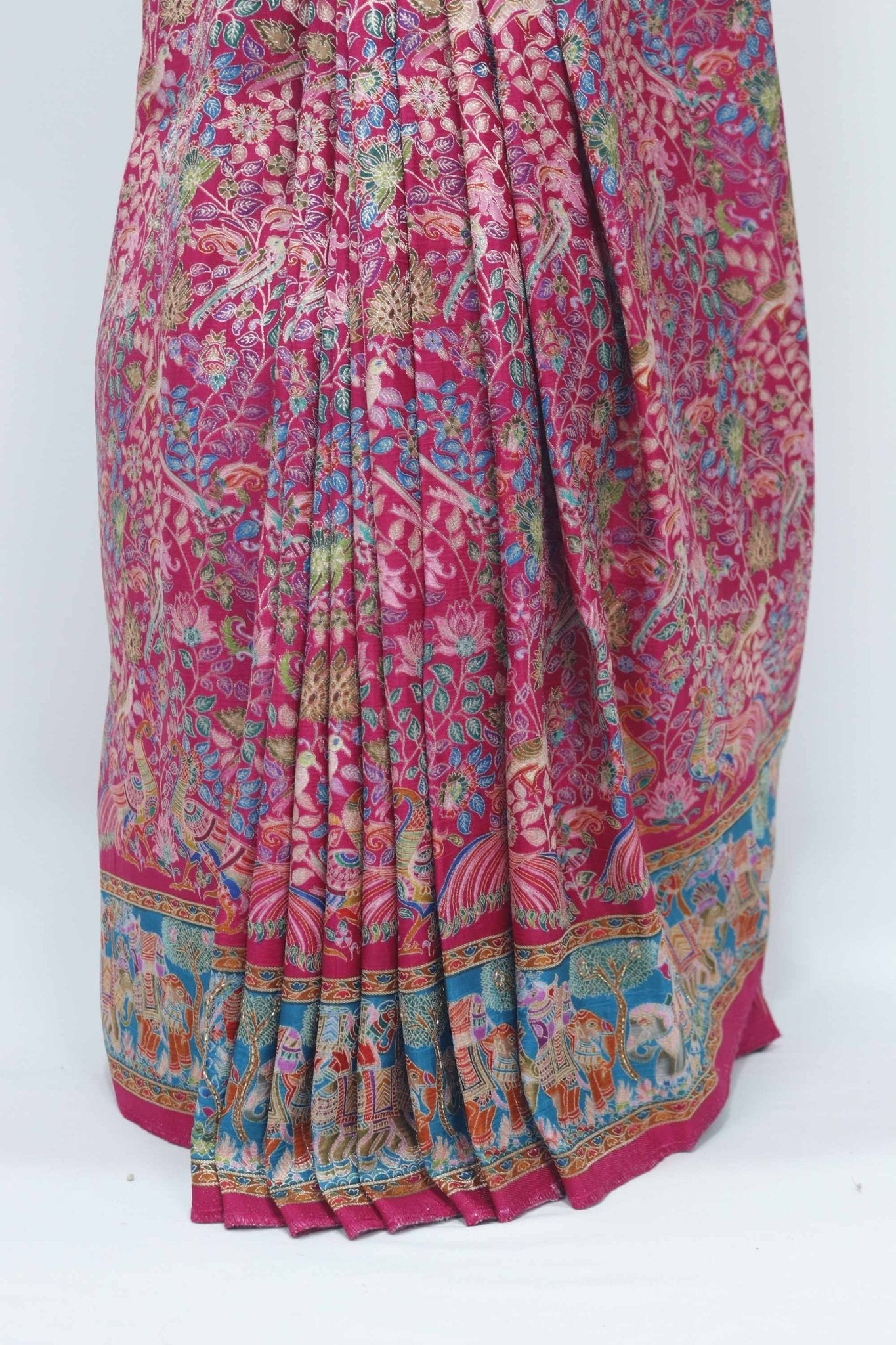 Rani Pink Digital Printed Pashmina Silk Saree with Tassels and Intricate Motifs - Mangaldeep NX