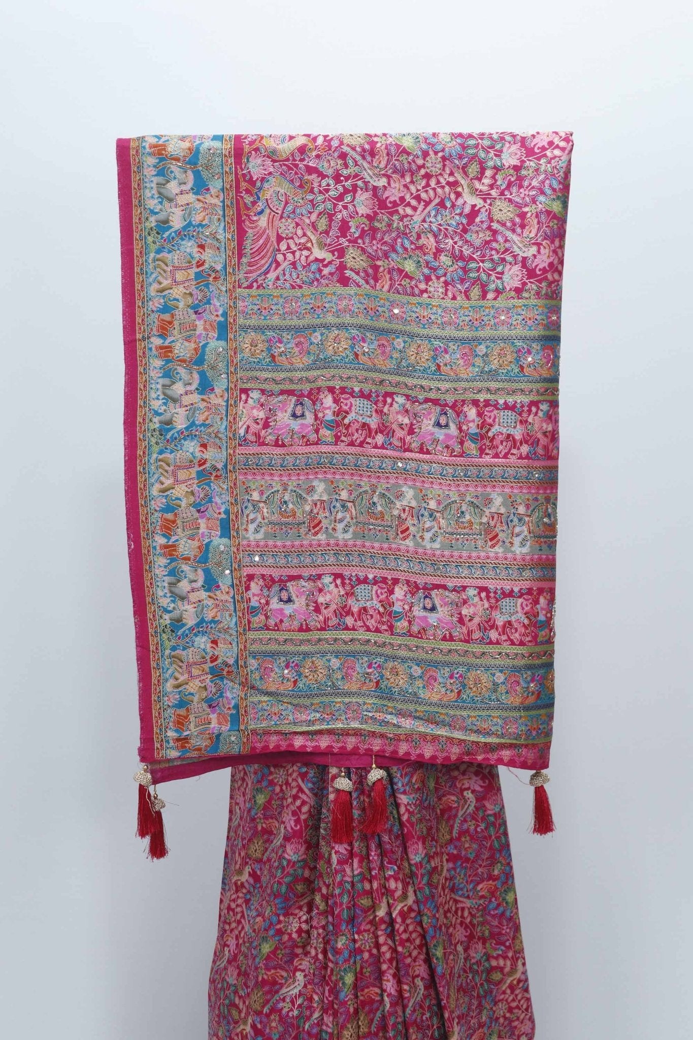 Rani Pink Digital Printed Pashmina Silk Saree with Tassels and Intricate Motifs - Mangaldeep NX