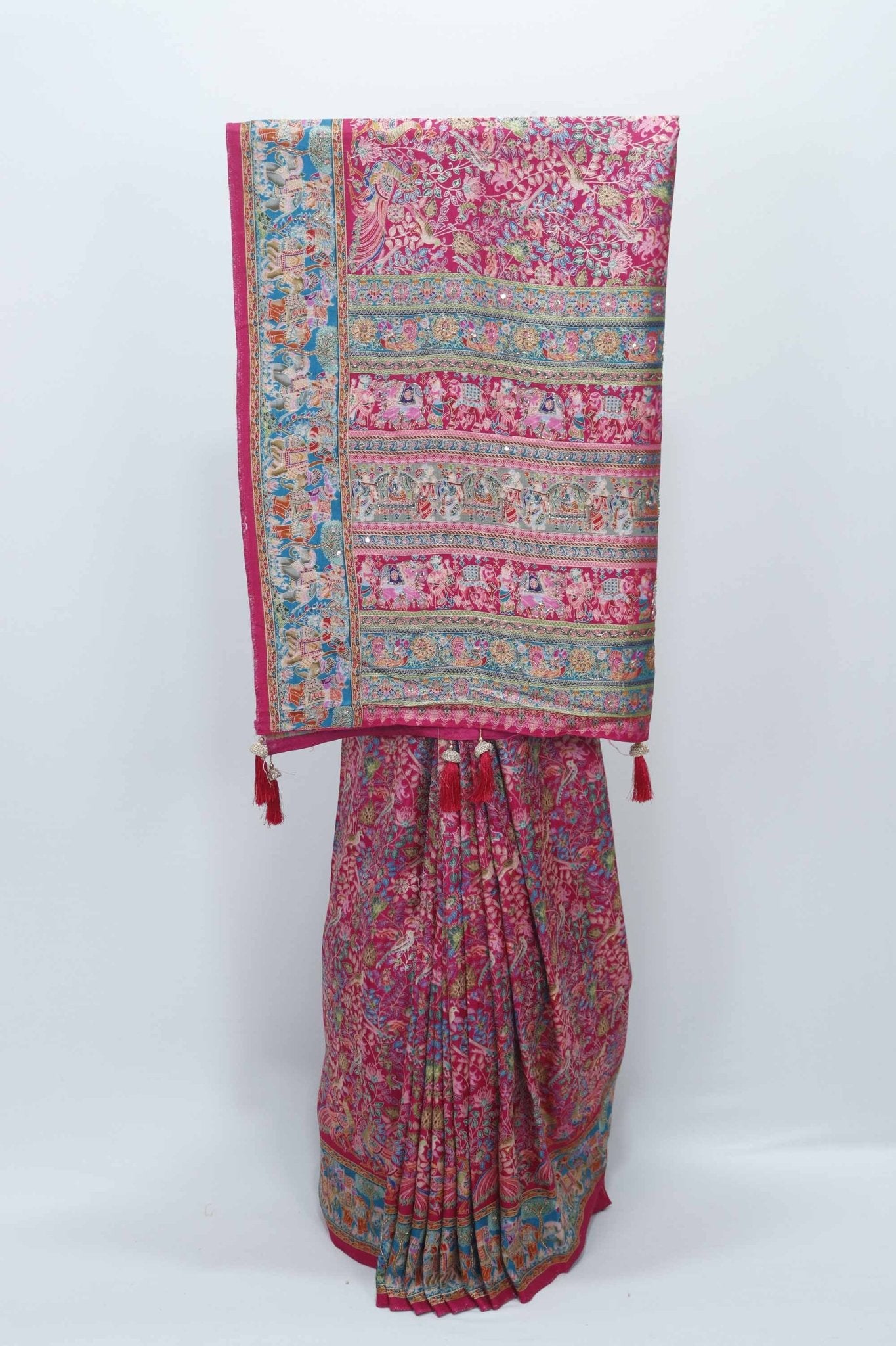 Rani Pink Digital Printed Pashmina Silk Saree with Tassels and Intricate Motifs - Mangaldeep NX