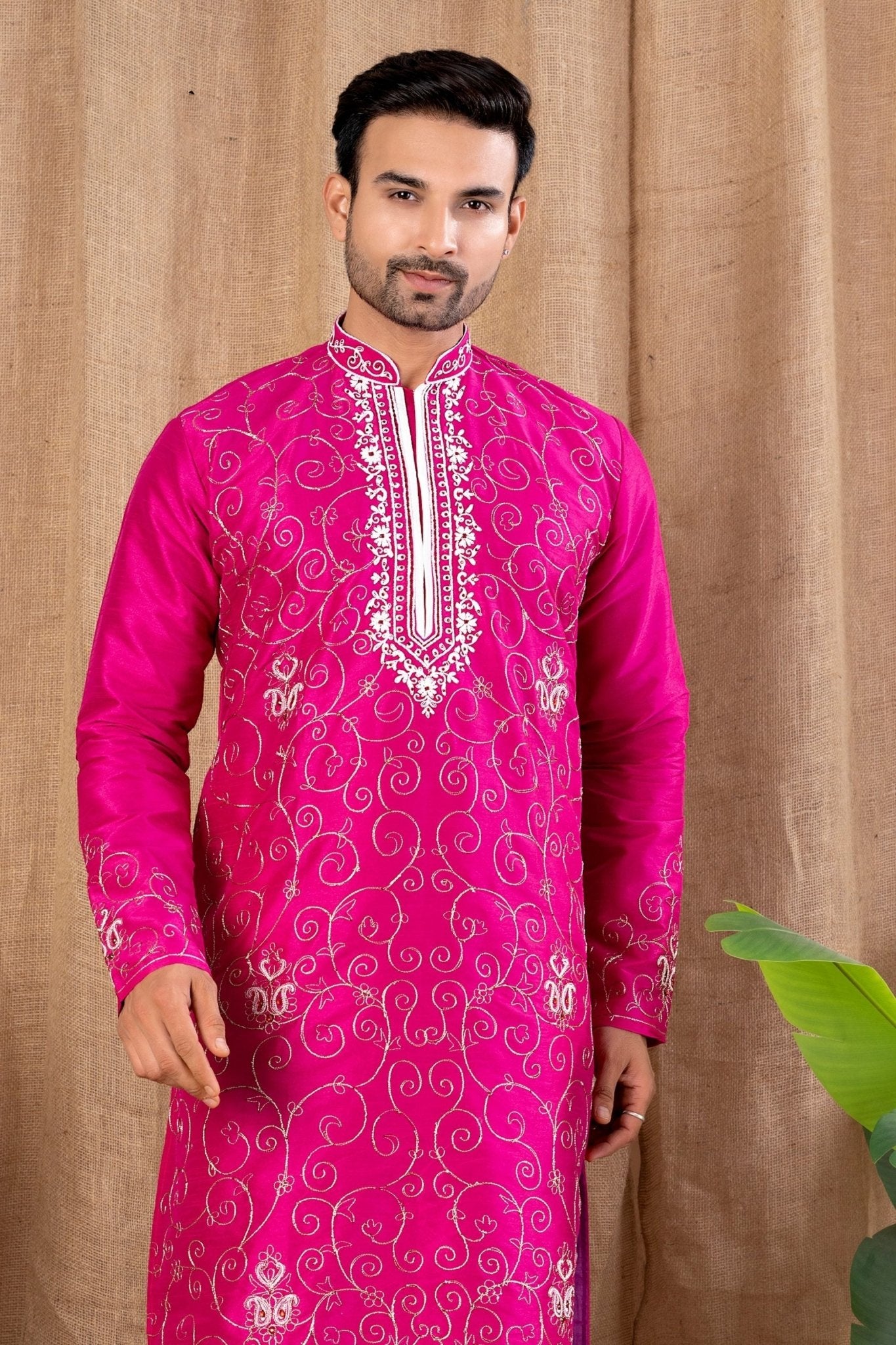 Rani Pink Embroidered Art Silk Kurta for Men with Off - White Pyjama - Mangaldeep NX