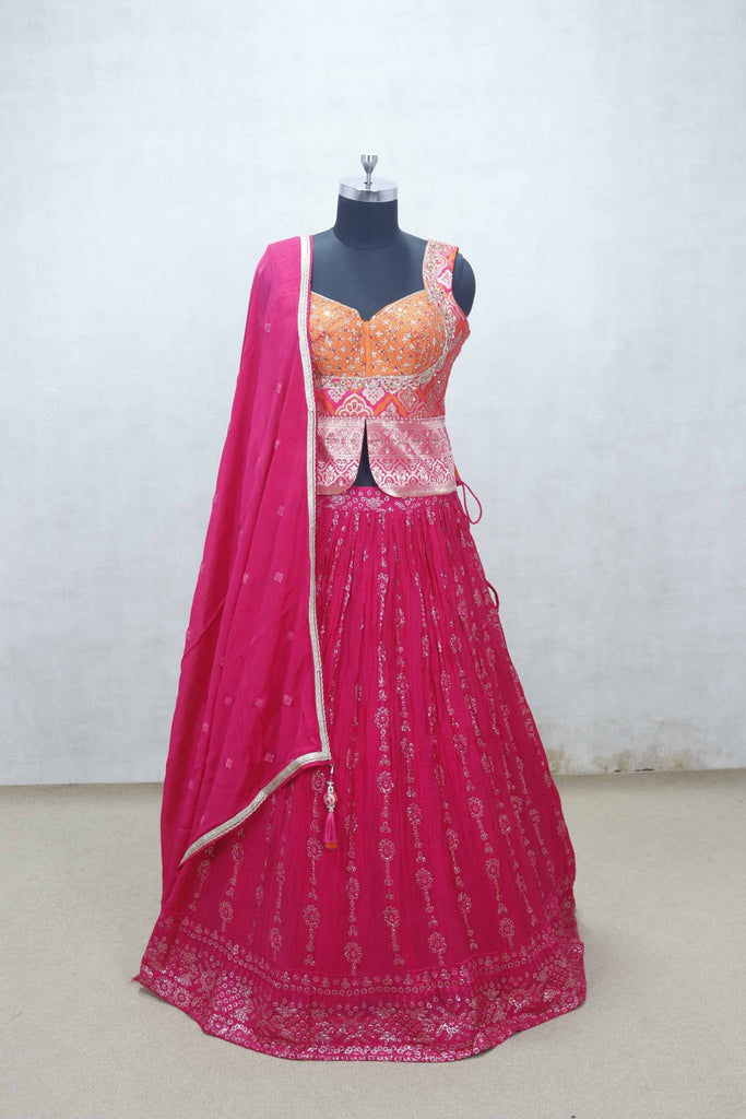 Rani Pink Embroidered Lehenga Choli with Orange Mirror Work Blouse and Printed Jacket Style Detail - Mangaldeep NX