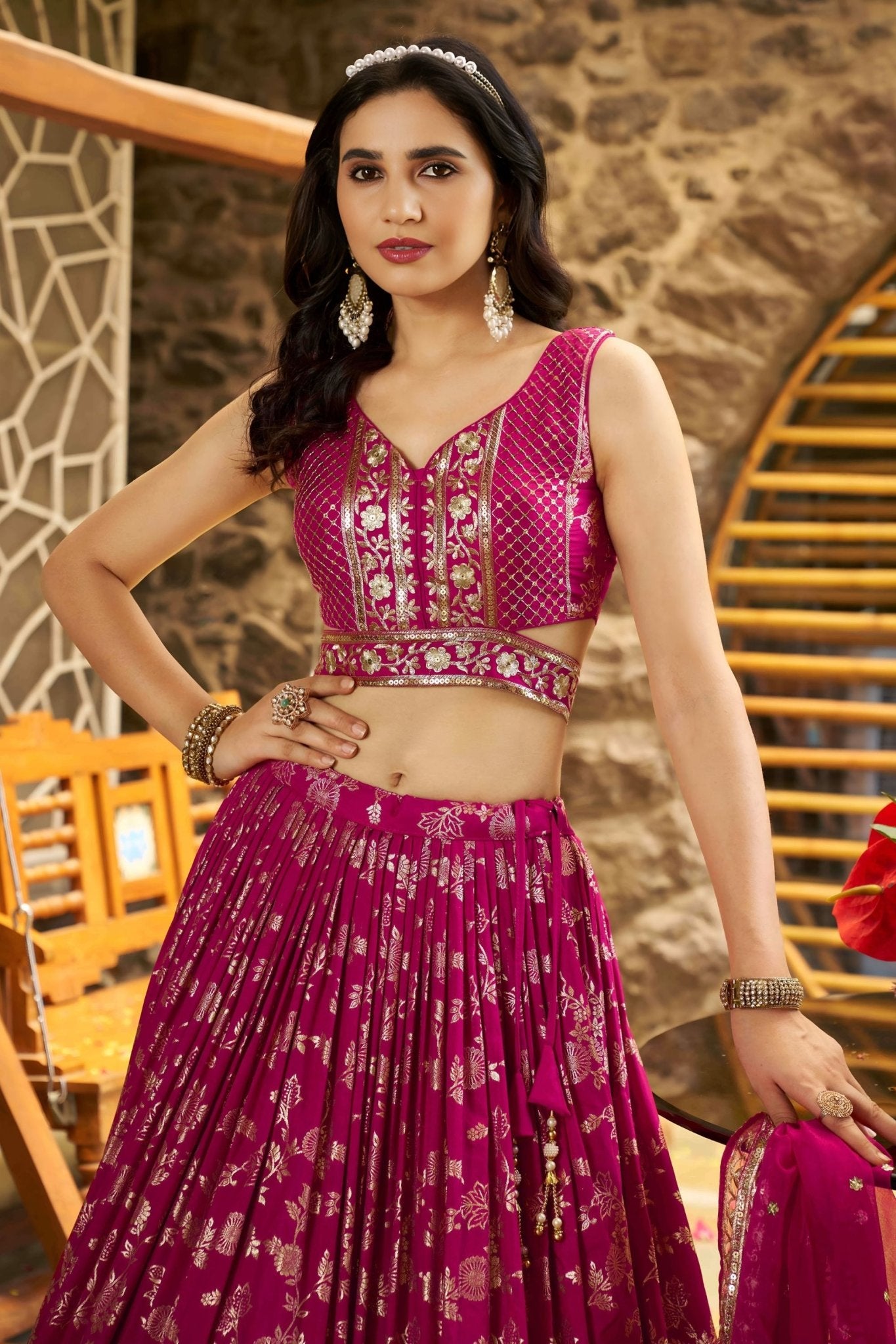 Rani Pink Embroidered Silk Lehenga Choli Set with Mirror Work and Sequin Dupatta - Mangaldeep NX