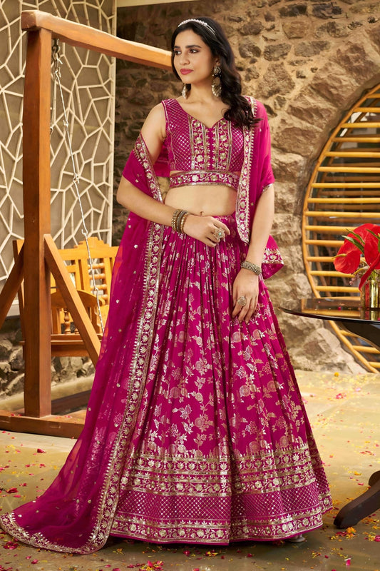 Rani Pink Embroidered Silk Lehenga Choli Set with Mirror Work and Sequin Dupatta - Mangaldeep NX