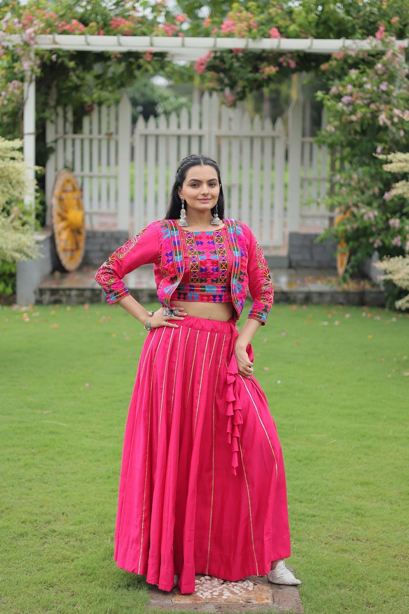 Rani Pink Mirror Work Embroidered Lehenga Choli Set with Multicolor Threadwork Jacket - Mangaldeep NX