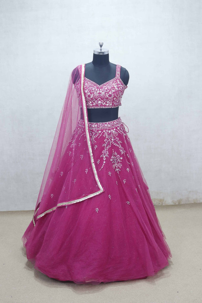 Rani Pink Net Embroidered Lehenga Choli with Sequin Floral Work and Sheer Dupatta - Mangaldeep NX