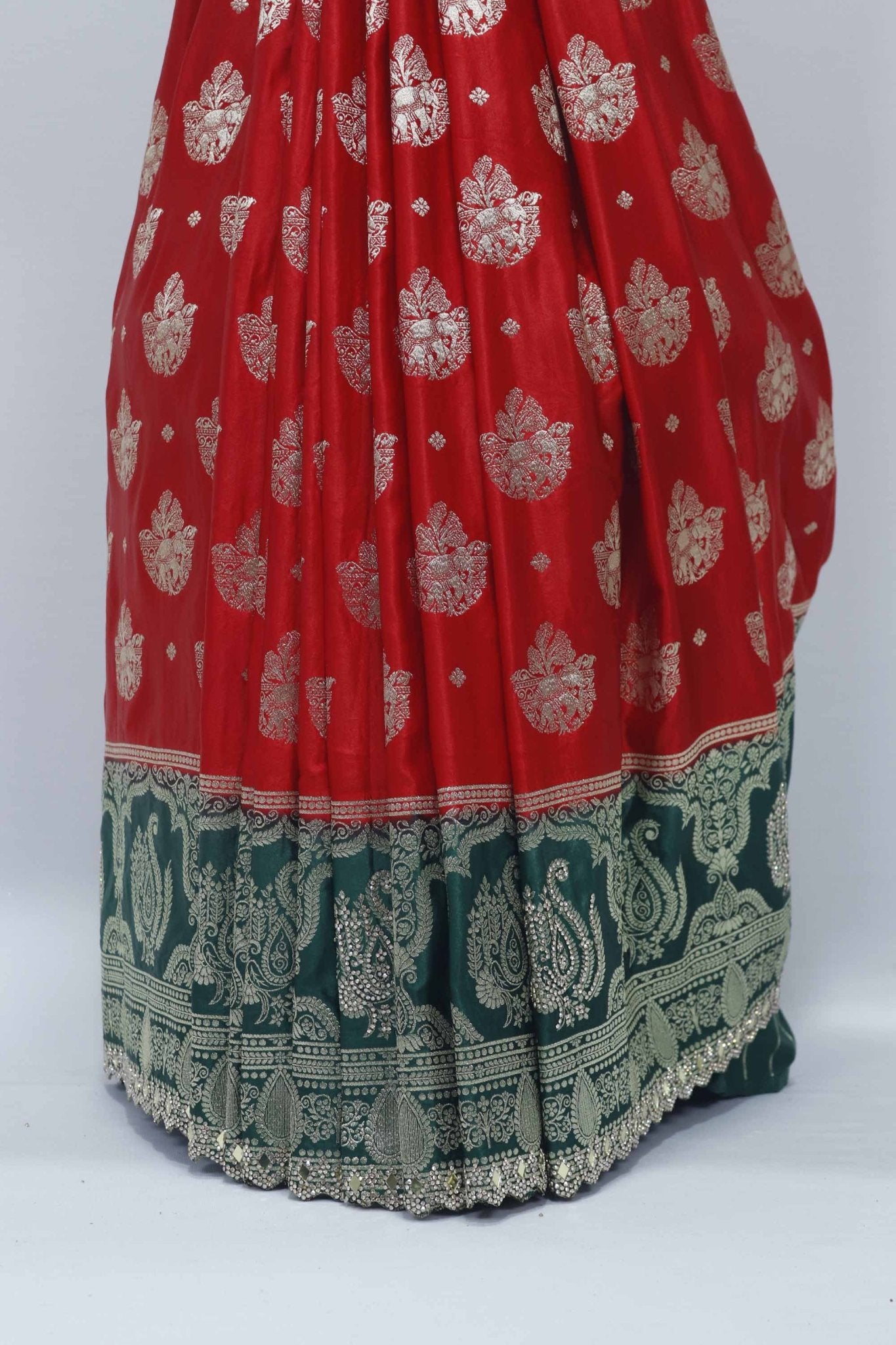 Red and Green Gaji Silk Saree with Zari Weaving and Traditional Floral Butta Design - Mangaldeep NX