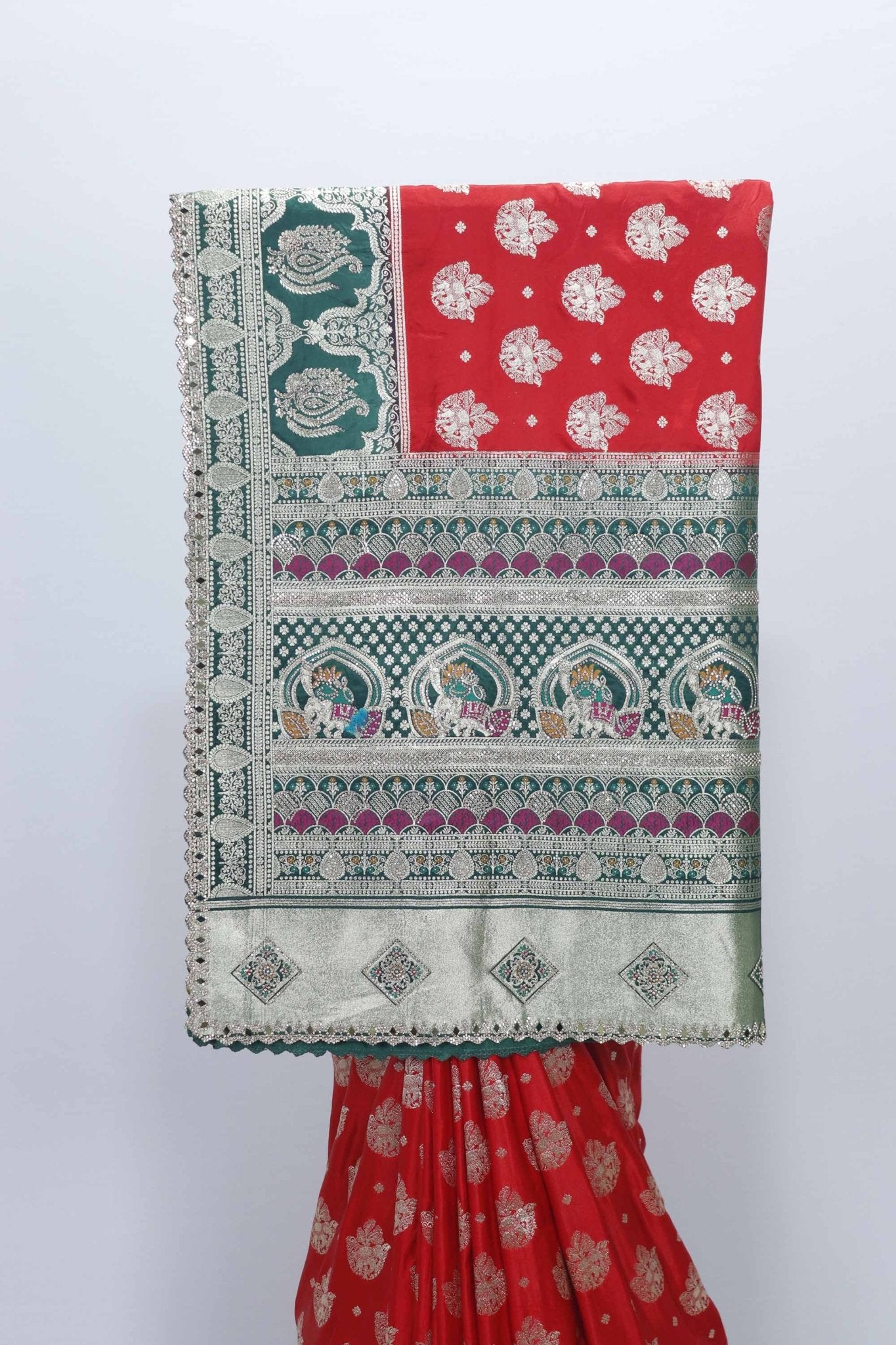 Red and Green Gaji Silk Saree with Zari Weaving and Traditional Floral Butta Design - Mangaldeep NX