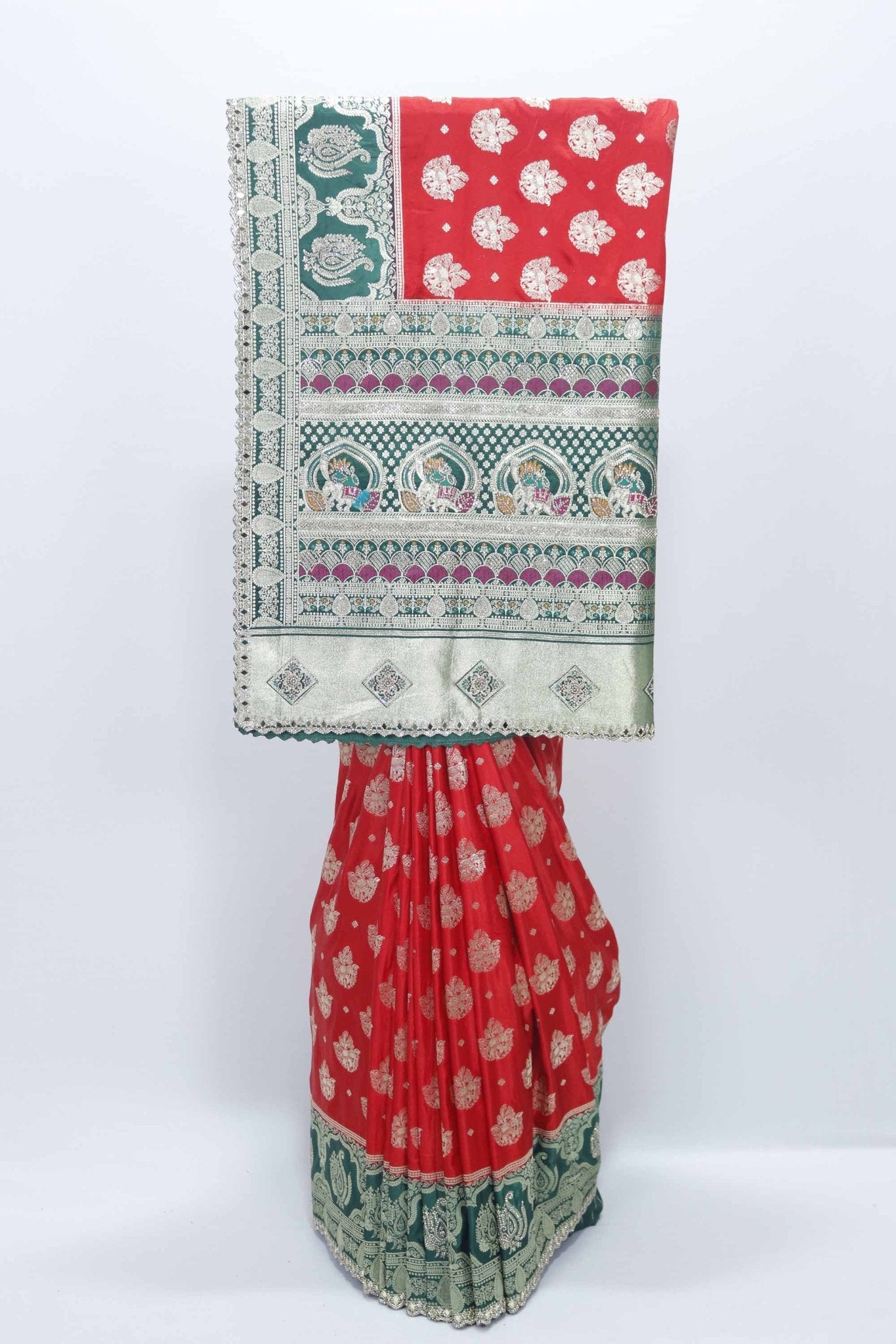 Red and Green Gaji Silk Saree with Zari Weaving and Traditional Floral Butta Design - Mangaldeep NX