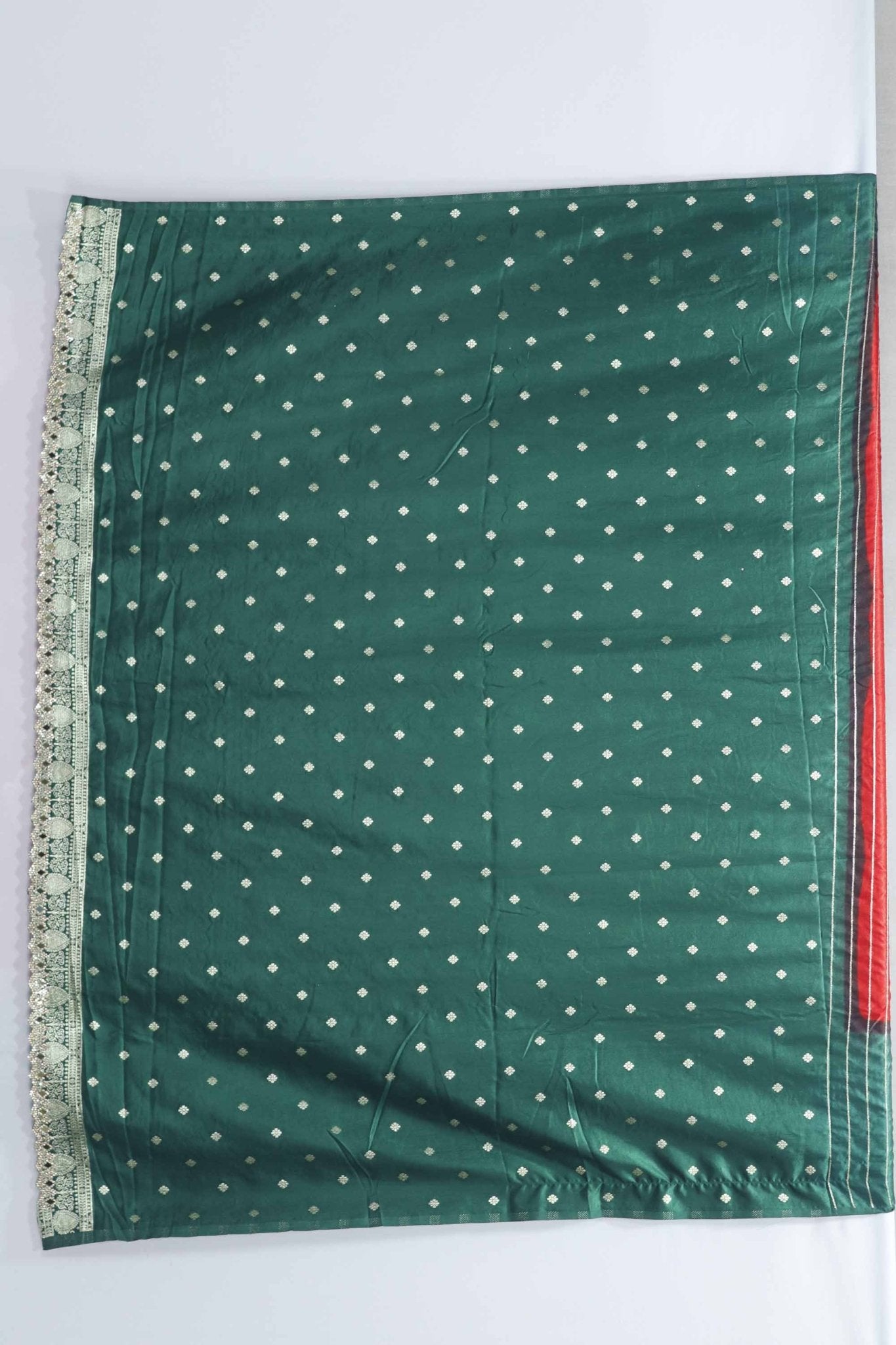 Red and Green Gaji Silk Saree with Zari Weaving and Traditional Floral Butta Design - Mangaldeep NX