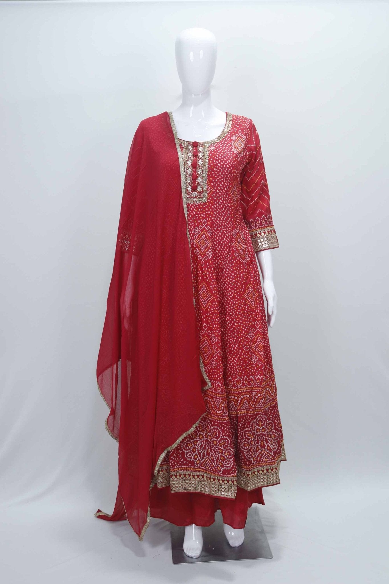 Red Bandhani Printed Anarkali Kurta Set with Gota Patti Work and Matching Dupatta - Mangaldeep NX
