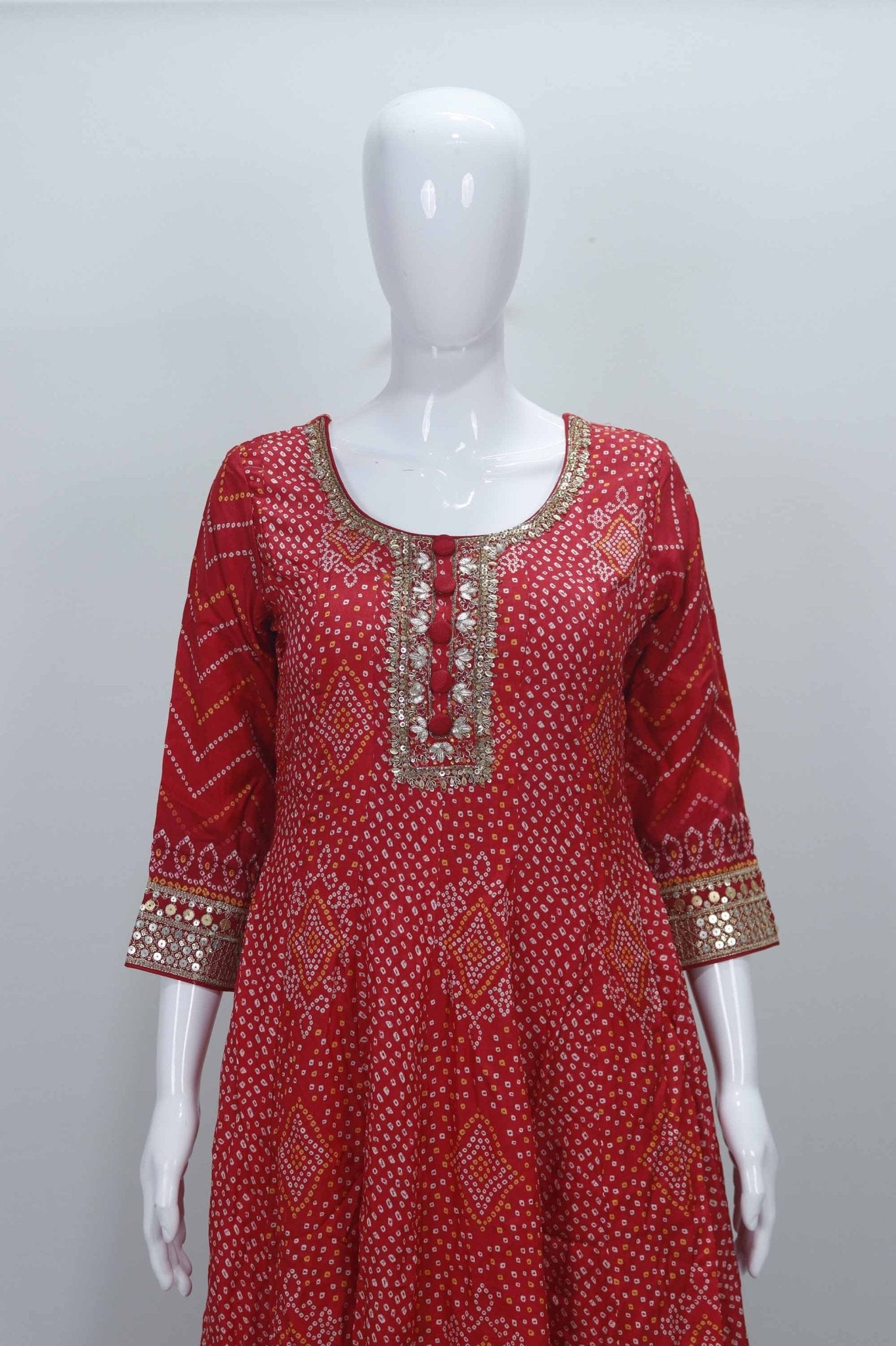 Red Bandhani Printed Anarkali Kurta Set with Gota Patti Work and Matching Dupatta - Mangaldeep NX