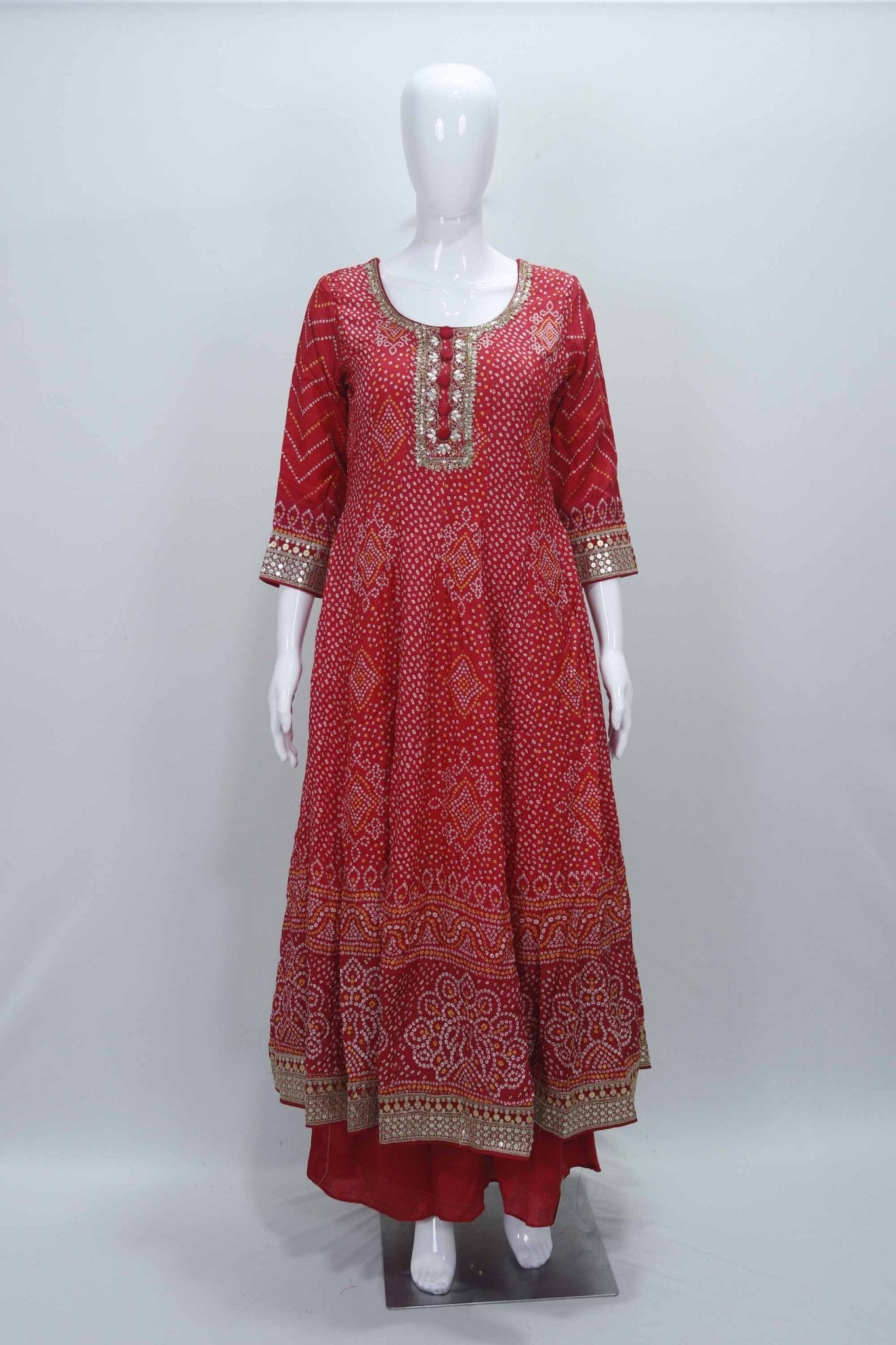 Red Bandhani Printed Anarkali Kurta Set with Gota Patti Work and Matching Dupatta - Mangaldeep NX