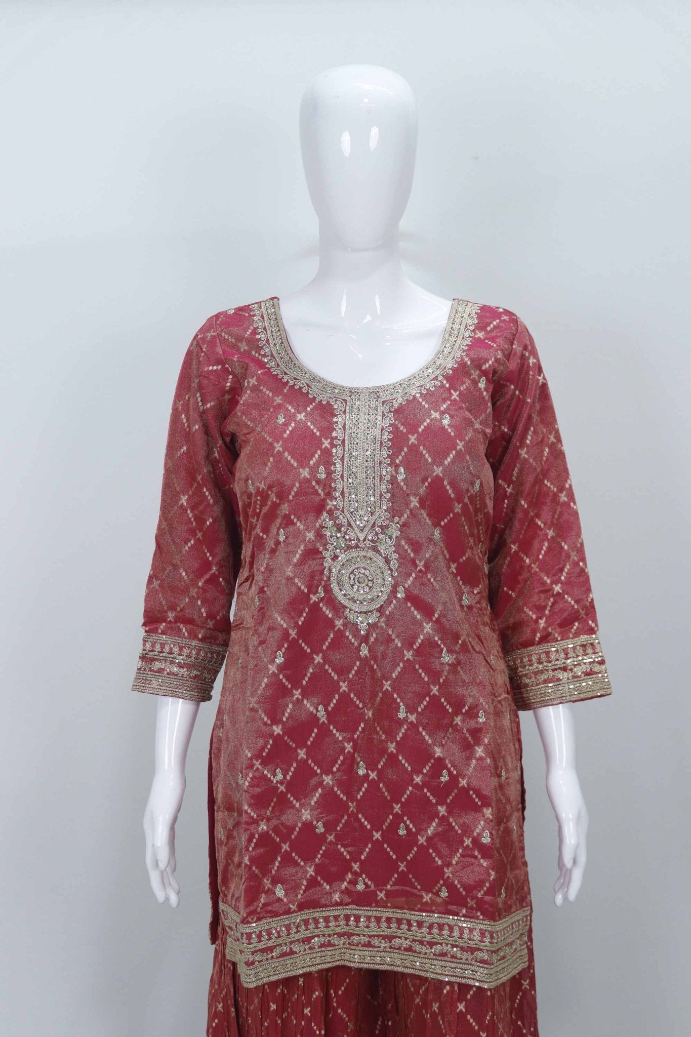 Red Bandhani Printed Kurta Sharara Set with Gota Patti Embroidery and Floral Dupatta - Mangaldeep NX