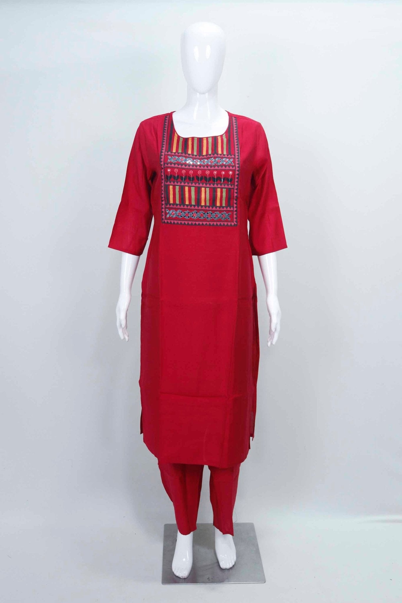Red Cotton Kurta Set with Geometric Print Dupatta & Embroidered Yoke for Women - Mangaldeep NX