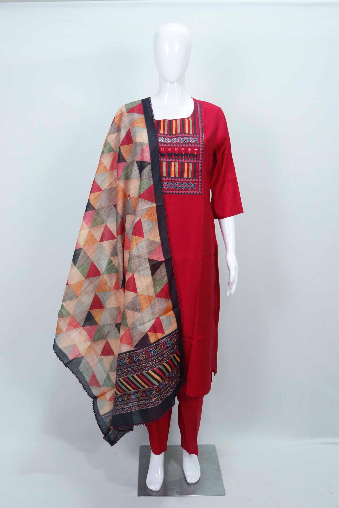Red Cotton Kurta Set with Geometric Print Dupatta & Embroidered Yoke for Women - Mangaldeep NX