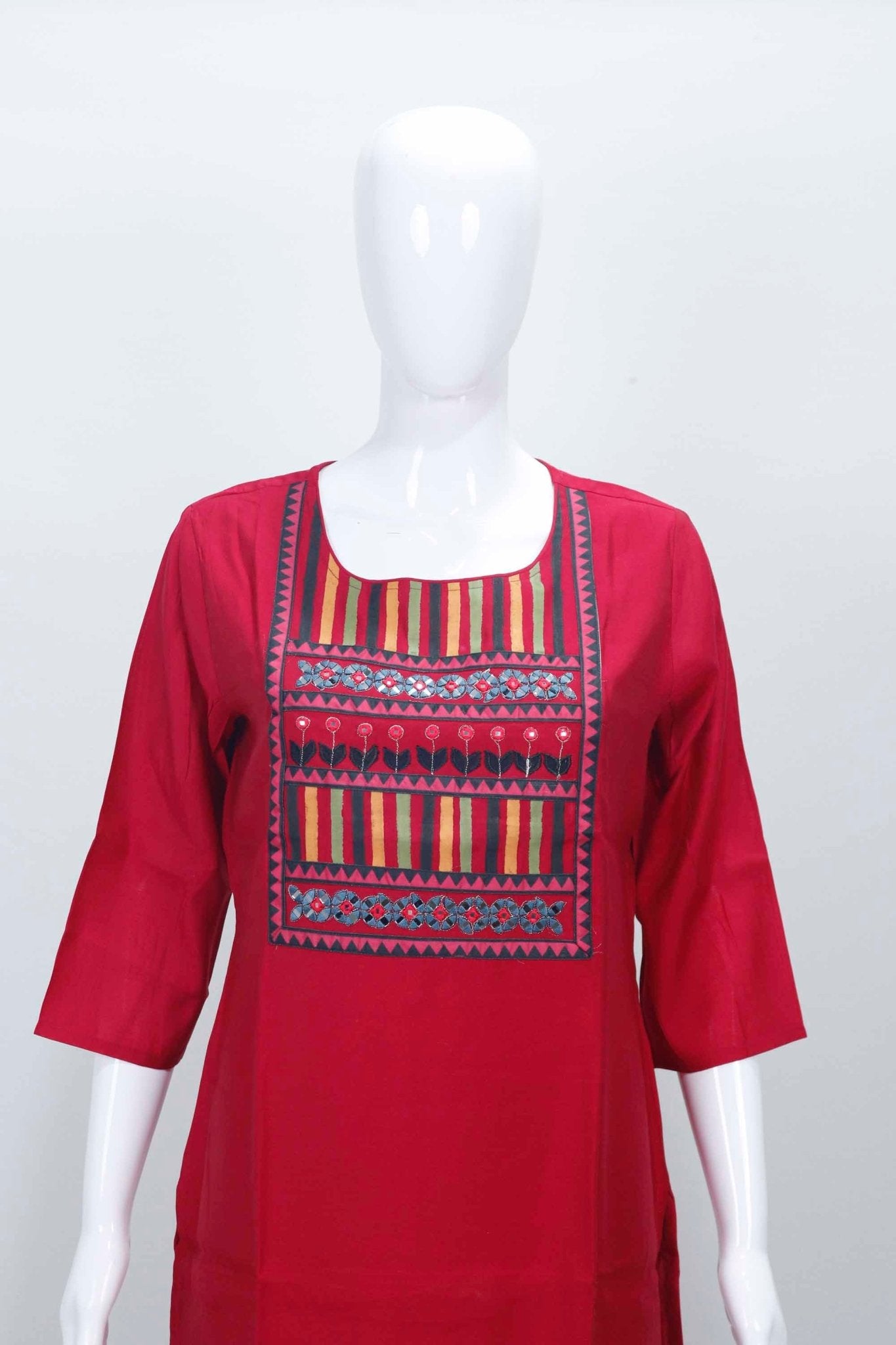 Red Cotton Kurta Set with Geometric Print Dupatta & Embroidered Yoke for Women - Mangaldeep NX