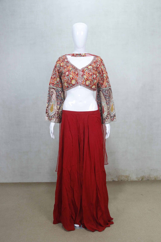 Red Flared Skirt with Multicolor Embroidered Bell Sleeve Crop Top for Women - Mangaldeep NX