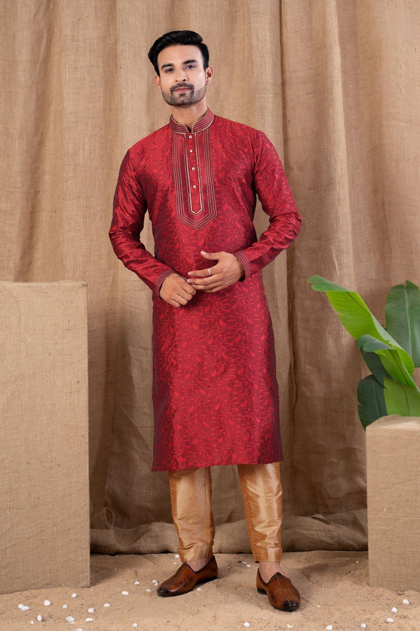 Red Floral Textured Art Silk Kurta for Men with Beige Pyjama - Mangaldeep NX