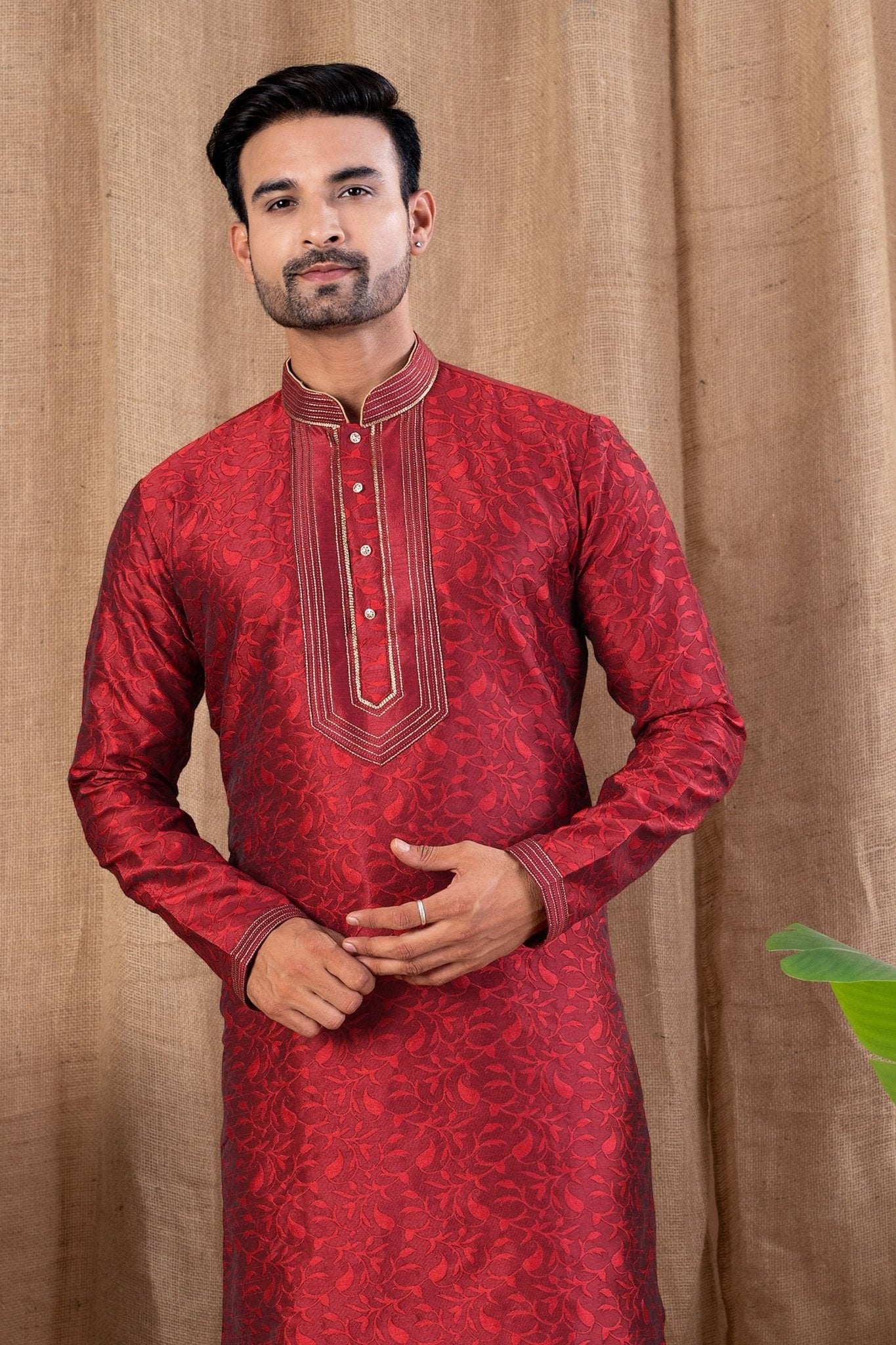 Red Floral Textured Art Silk Kurta for Men with Beige Pyjama - Mangaldeep NX