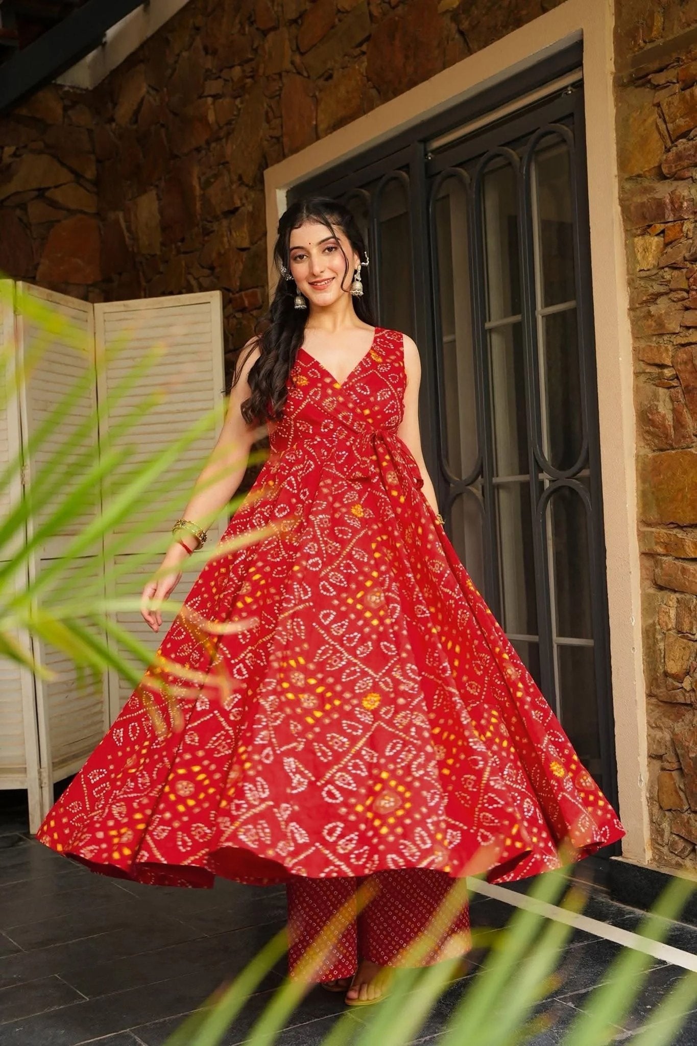 Red Rayon Bandhani Print Festive Wear Readymade Kurti with Matching Palazzo Set - Mangaldeep NX