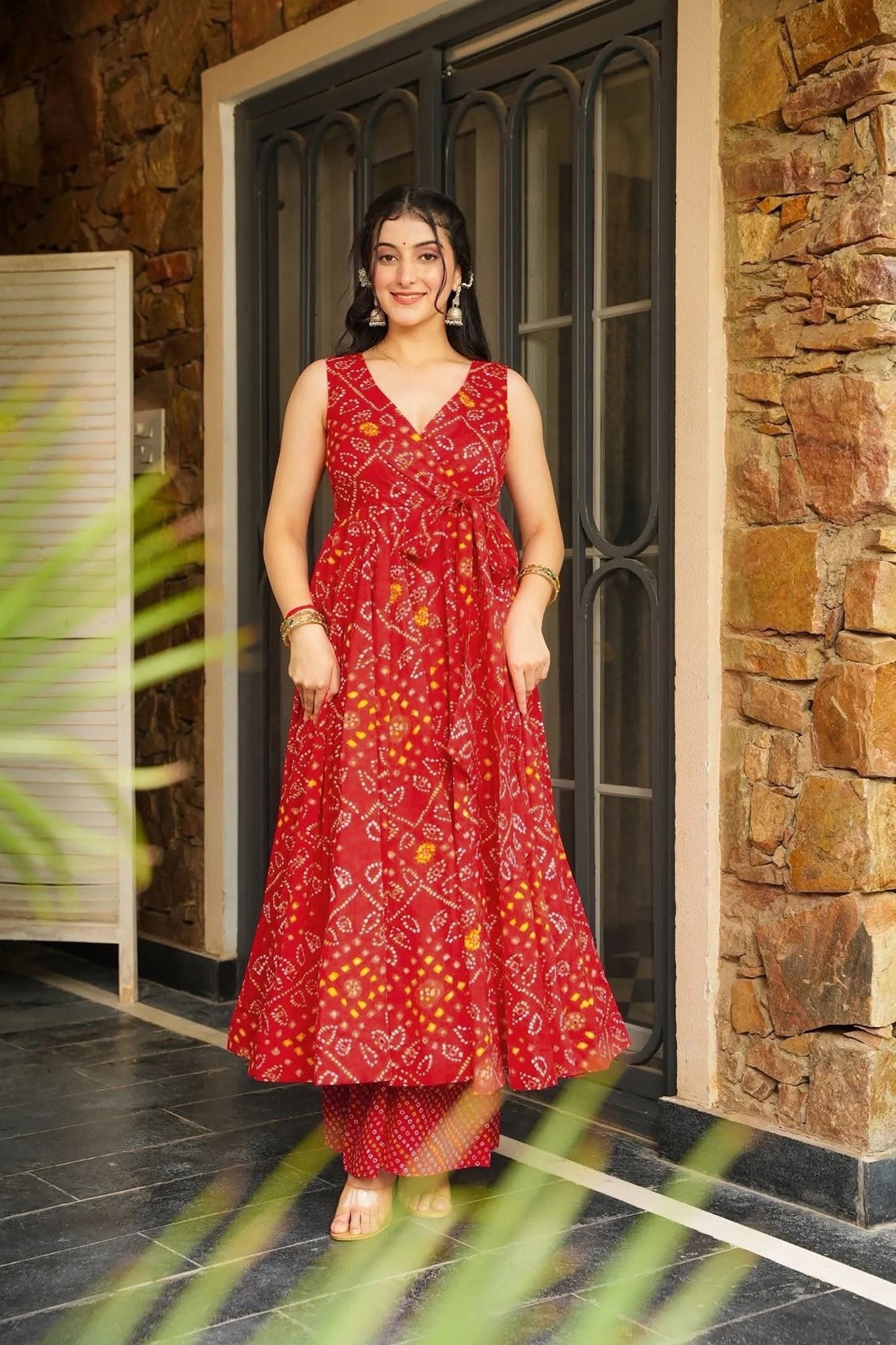 Red Rayon Bandhani Print Festive Wear Readymade Kurti with Matching Palazzo Set - Mangaldeep NX