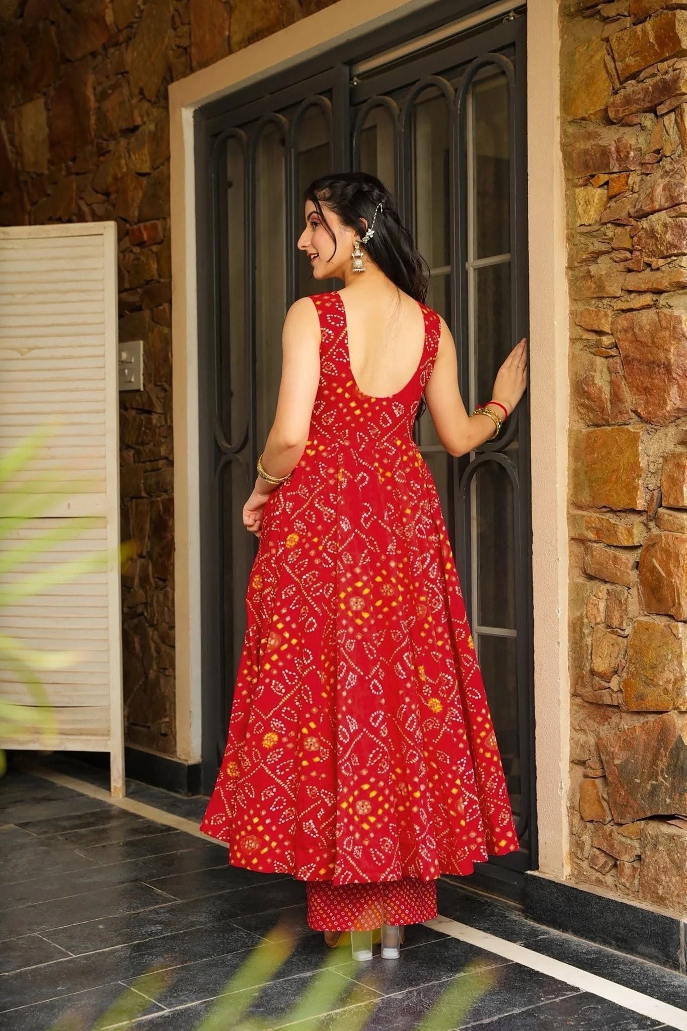 Red Rayon Bandhani Print Festive Wear Readymade Kurti with Matching Palazzo Set - Mangaldeep NX