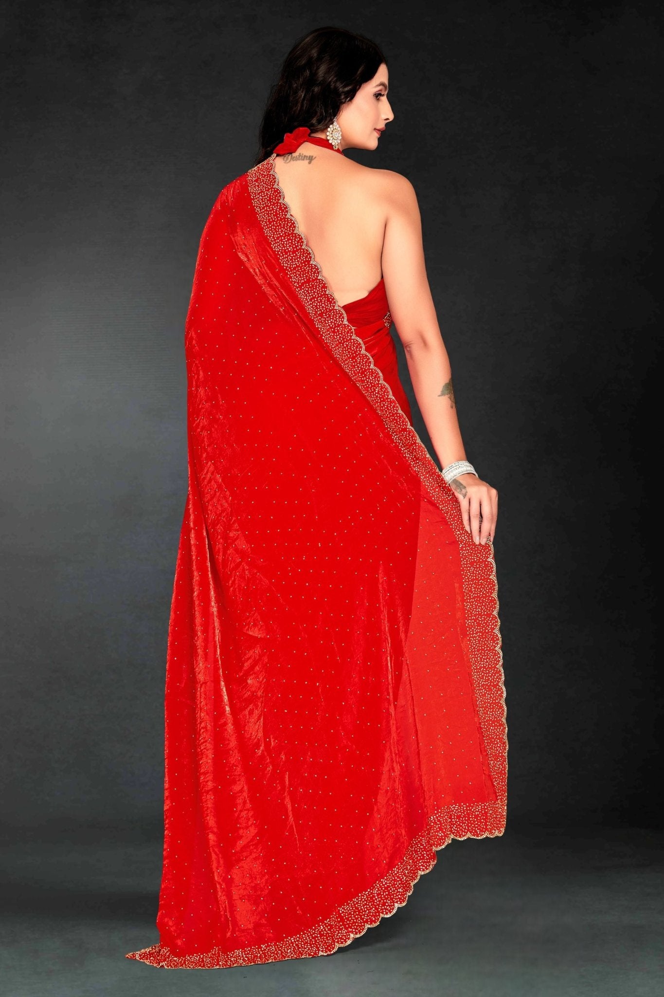Red Sequin Embellished Party Wear Fandy Saree with Golden Scallop Embroidered Border - Mangaldeep NX