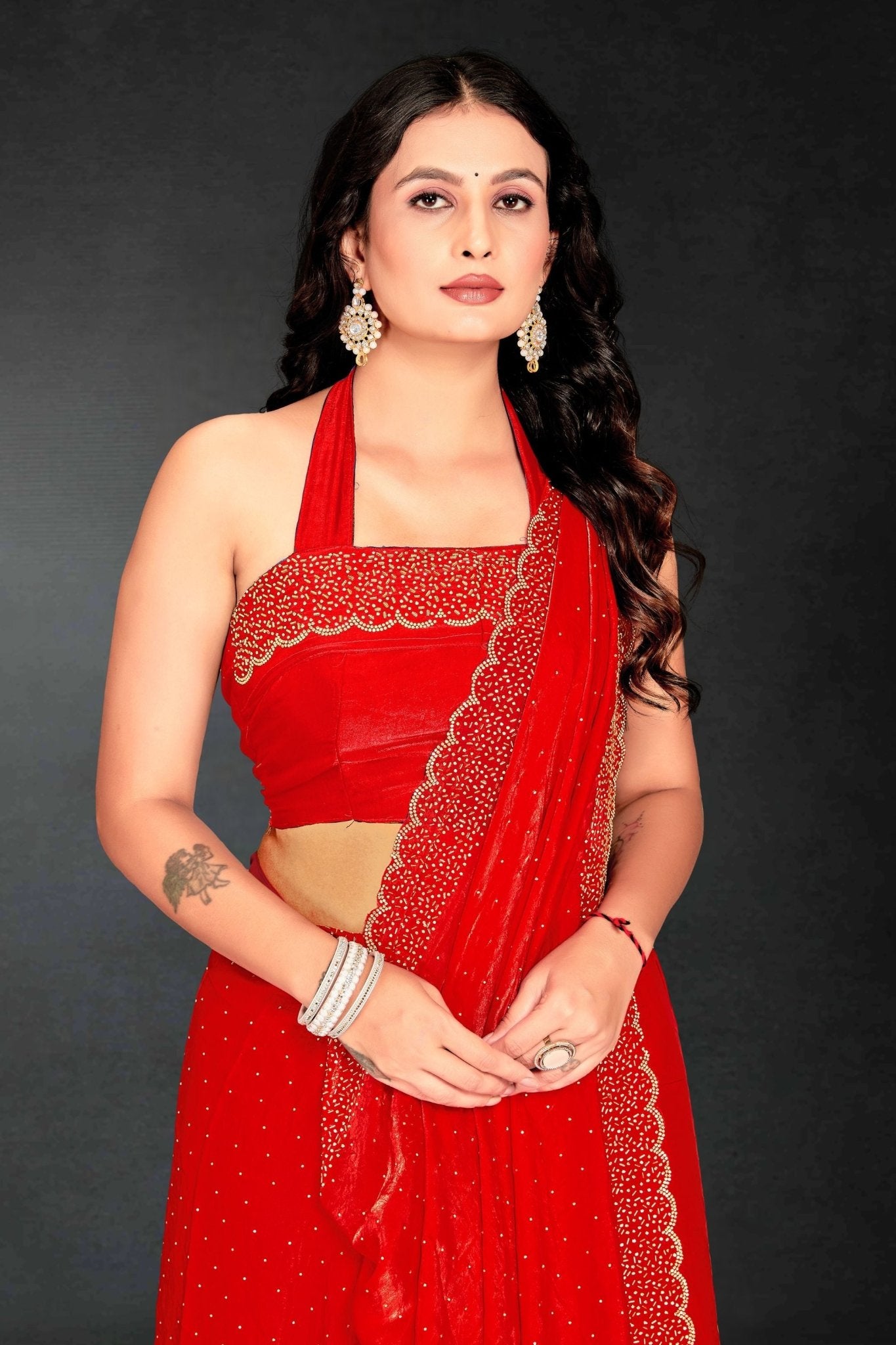 Red Sequin Embellished Party Wear Fandy Saree with Golden Scallop Embroidered Border - Mangaldeep NX