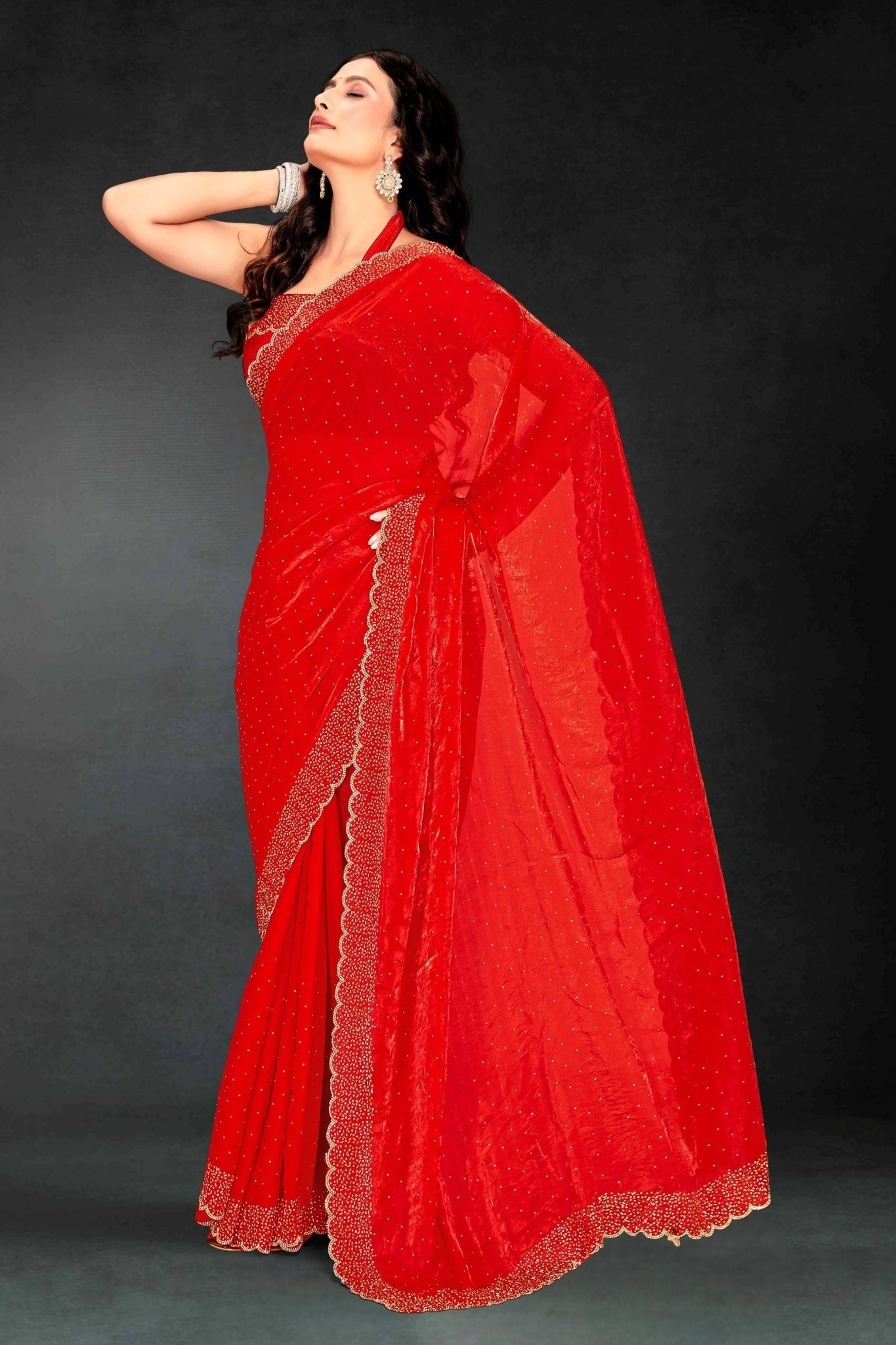 Red Sequin Embellished Party Wear Fandy Saree with Golden Scallop Embroidered Border - Mangaldeep NX