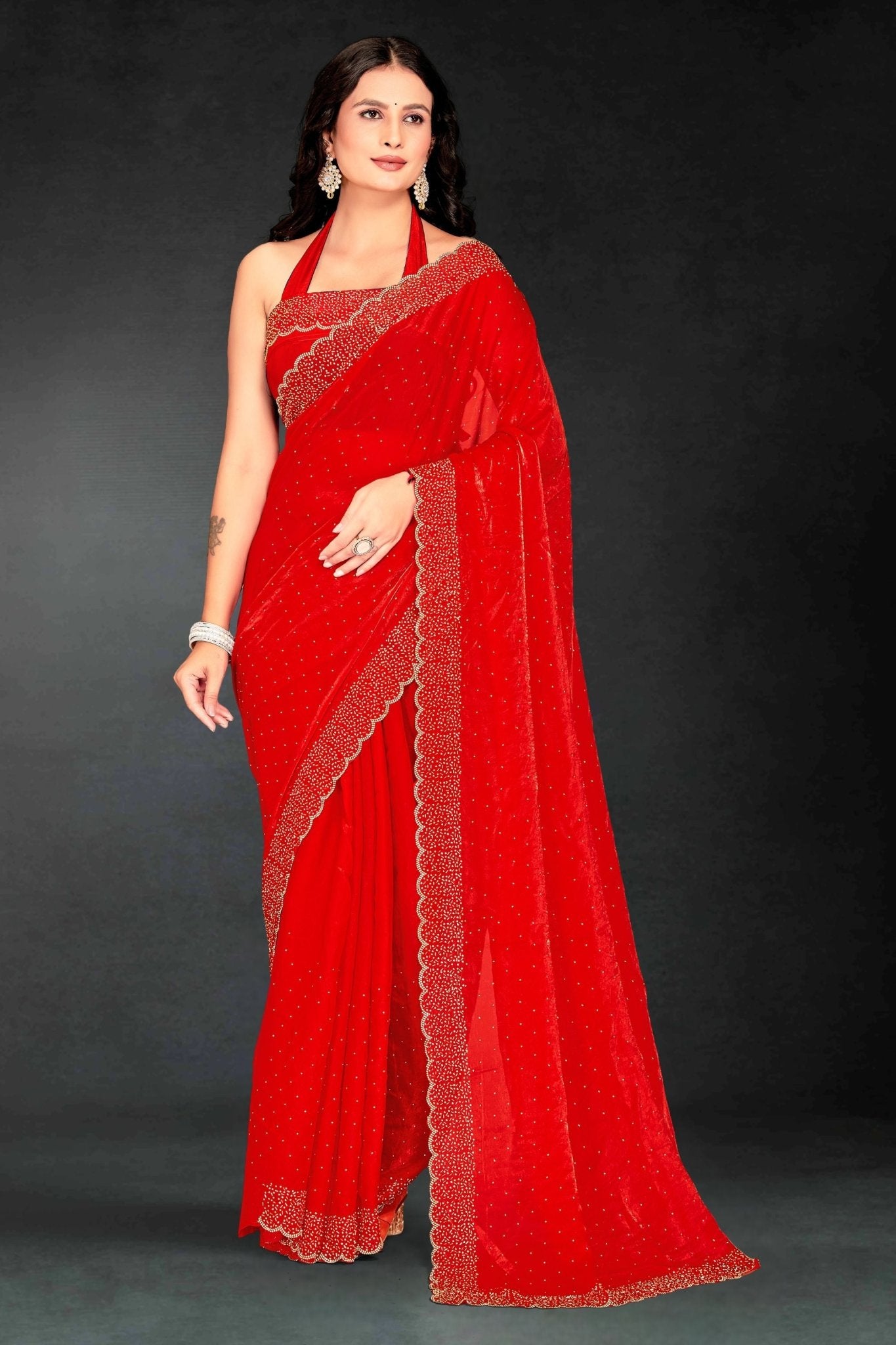 Red Sequin Embellished Party Wear Fandy Saree with Golden Scallop Embroidered Border - Mangaldeep NX