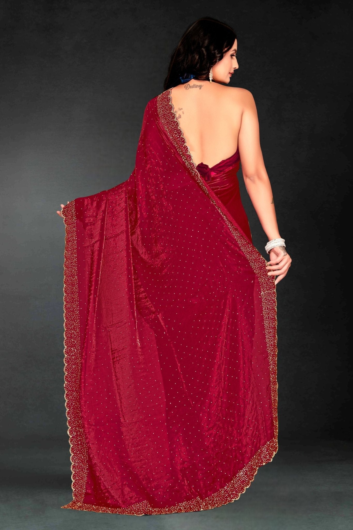 Red Sequin Embellished Party Wear Fandy Silk Saree with Golden Scallop Border - Mangaldeep NX