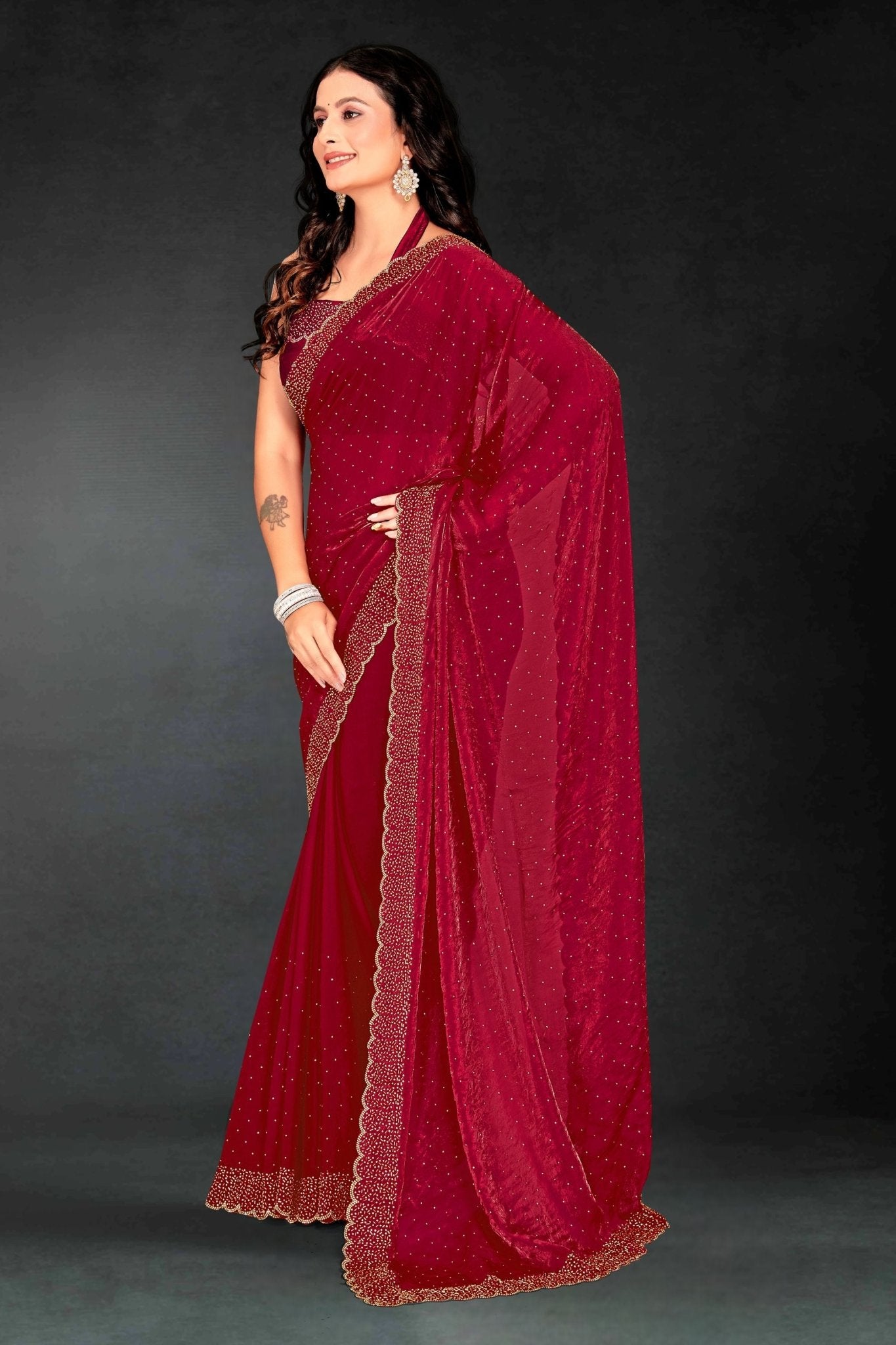Red Sequin Embellished Party Wear Fandy Silk Saree with Golden Scallop Border - Mangaldeep NX