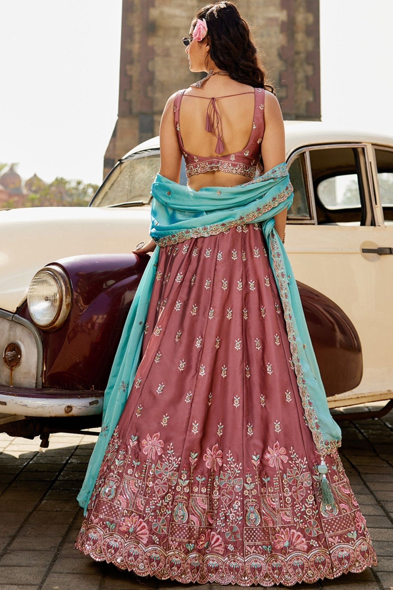 Rose Gold Embroidered Lehenga Choli with Floral Motifs and Aqua Blue Dupatta - Mangaldeep NX