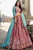 Rose Gold Embroidered Lehenga Choli with Floral Motifs and Aqua Blue Dupatta - Mangaldeep NX