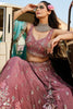Rose Gold Embroidered Lehenga Choli with Floral Motifs and Aqua Blue Dupatta - Mangaldeep NX