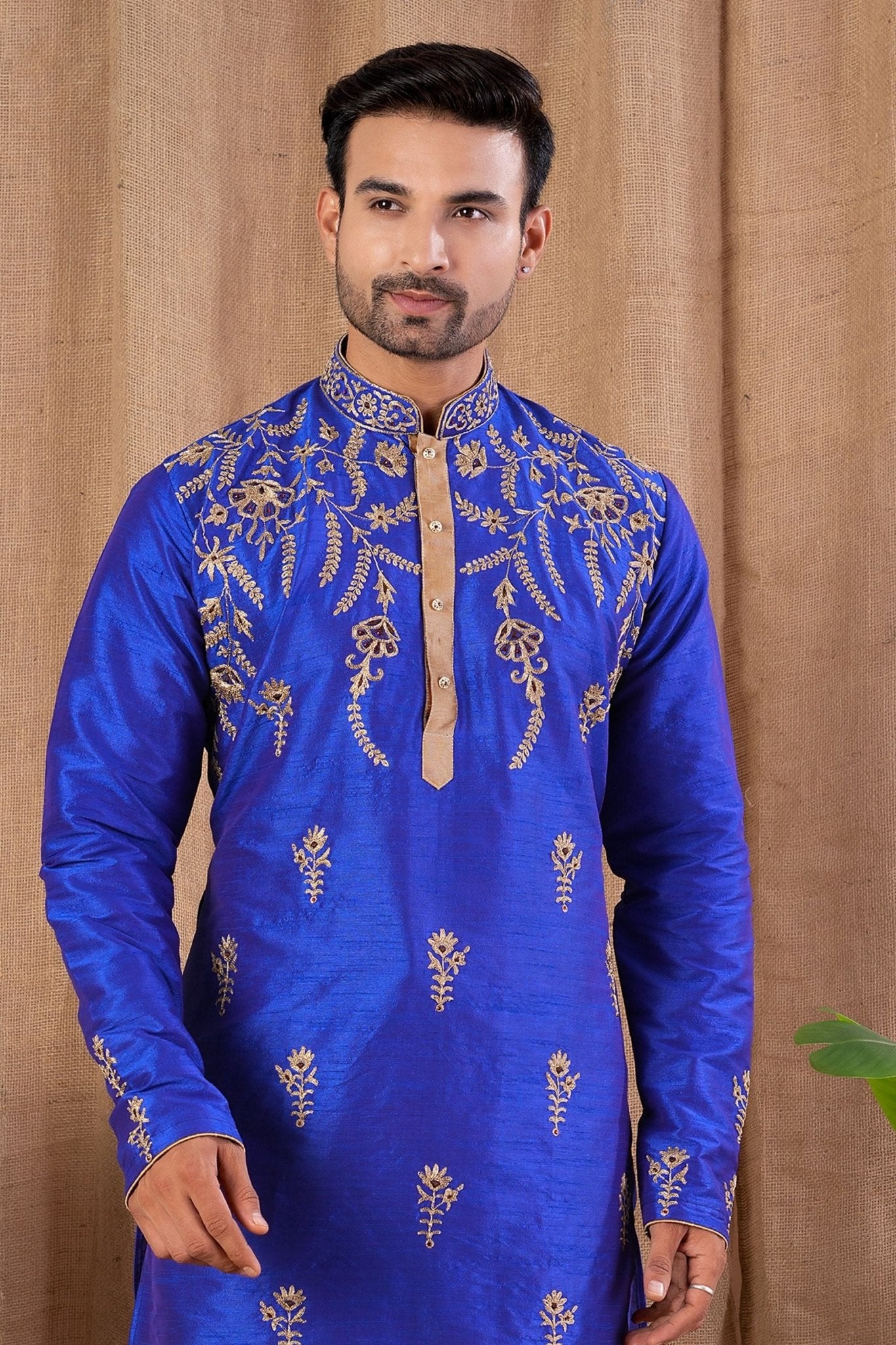 Royal Blue Art Silk Embroidered Kurta for Men with Beige Pyajama - Mangaldeep NX
