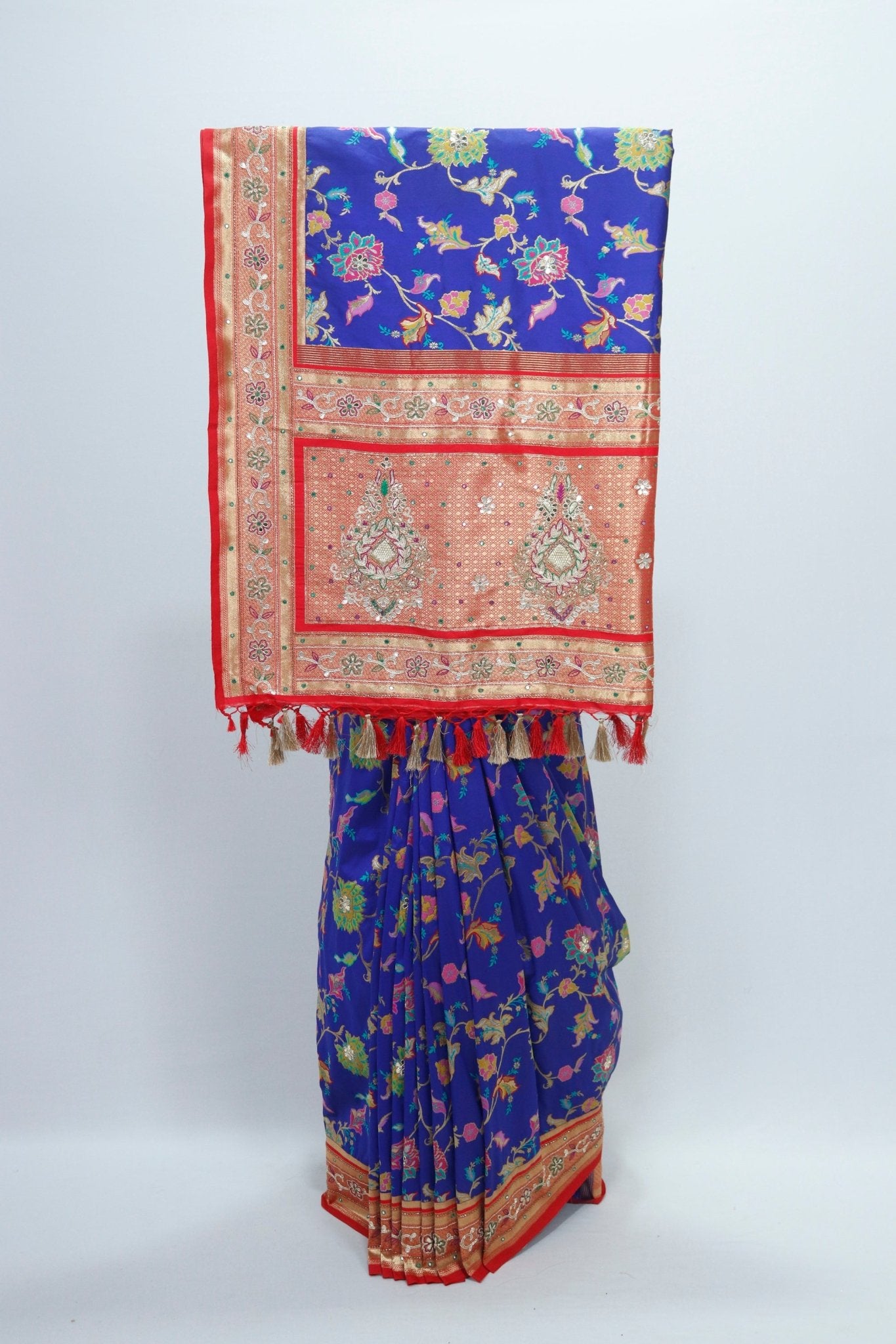 Royal Blue Banarasi Silk Saree Tassels Wedding Festive Wear - Mangaldeep NX