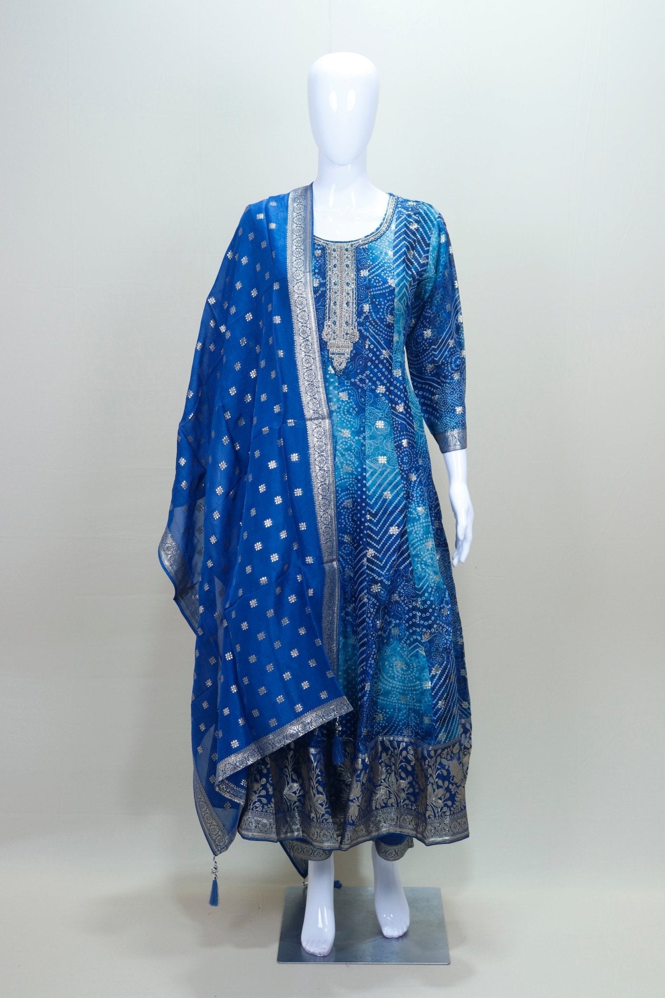 Royal Blue Bandhani Print Embroidered Anarkali Suit with Matching Dupatta - Mangaldeep NX