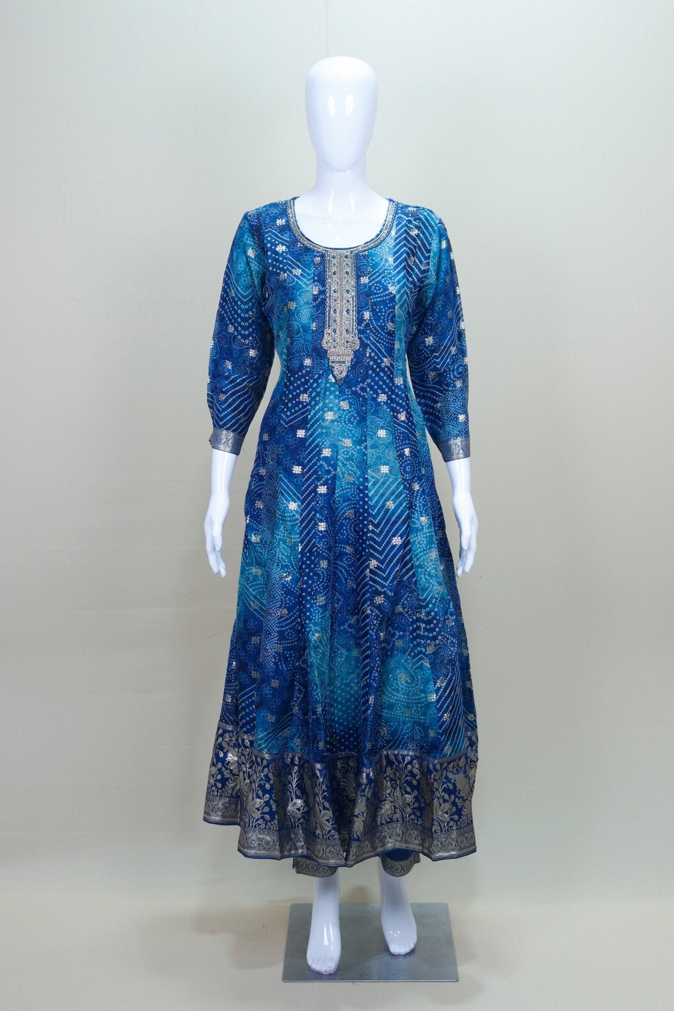 Royal Blue Bandhani Print Embroidered Anarkali Suit with Matching Dupatta - Mangaldeep NX