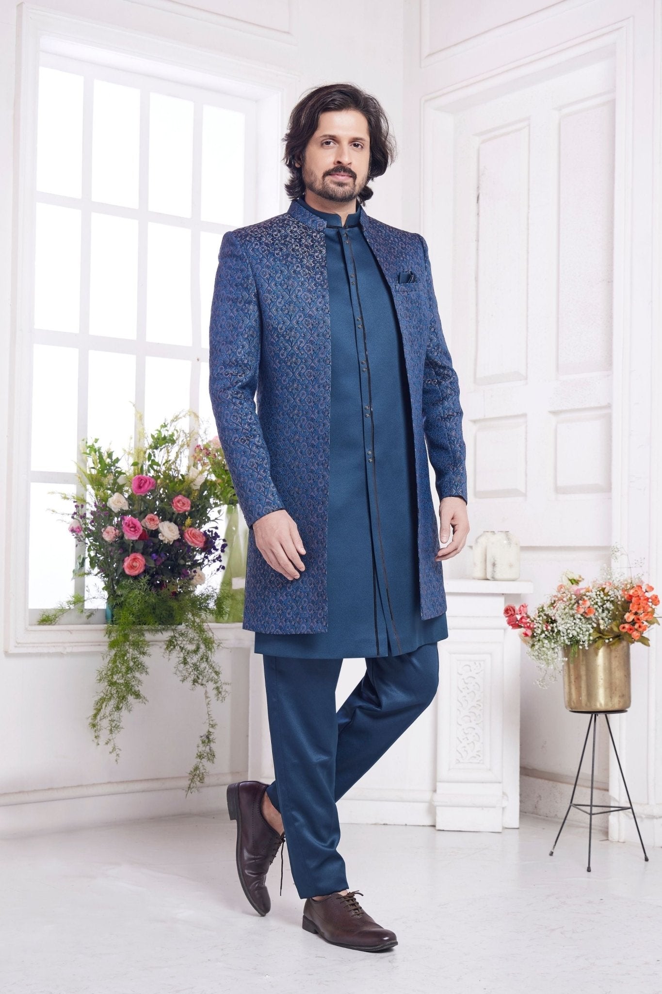 Royal Blue Embroidered Silk Indo - Western Sherwani Set for Men with Jacquard Detailing and Kurta Pants - Mangaldeep NX