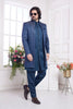 Royal Blue Embroidered Silk Indo - Western Sherwani Set for Men with Jacquard Detailing and Kurta Pants - Mangaldeep NX