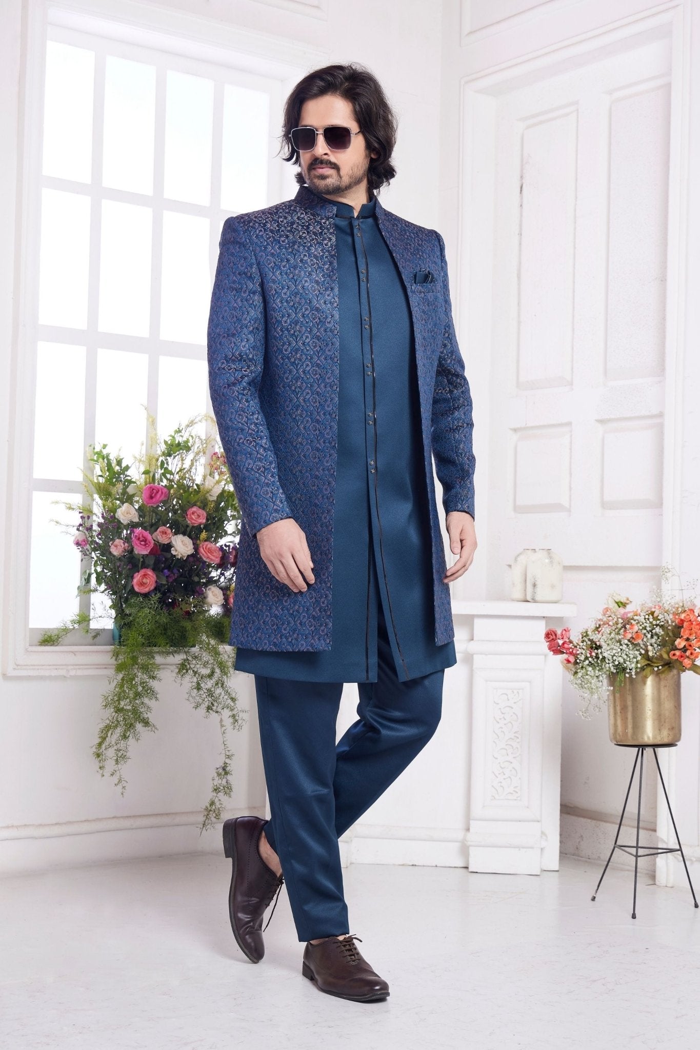 Royal Blue Embroidered Silk Indo - Western Sherwani Set for Men with Jacquard Detailing and Kurta Pants - Mangaldeep NX