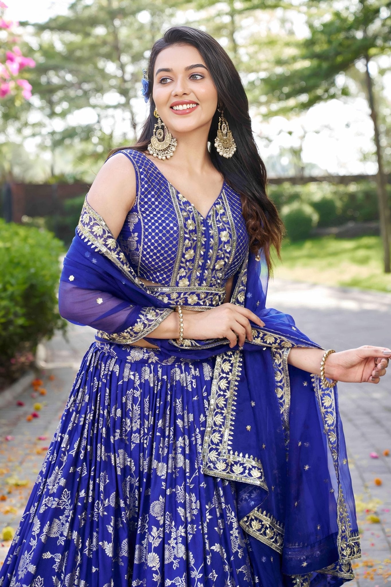 Royal Blue Embroidered Silk Lehenga Choli Set with Mirror Work and Sequin Dupatta - Mangaldeep NX