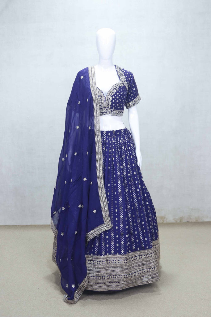 Royal Blue Mirror and Thread Embroidered Lehenga Choli Set with Net Dupatta - Mangaldeep NX