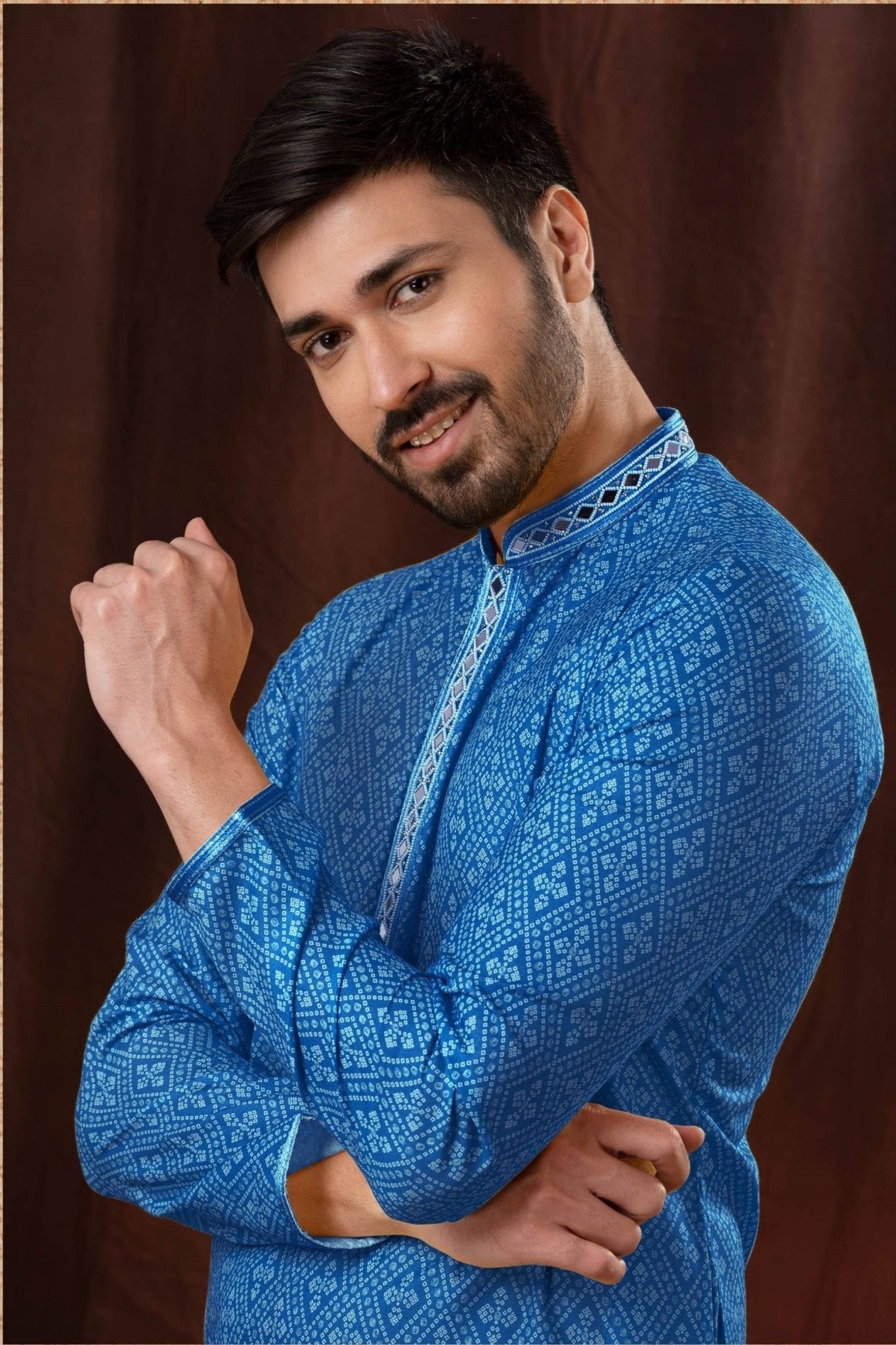 Royal Blue Printed Art Silk Kurta for Men with Off - White Pyjama - Mangaldeep NX
