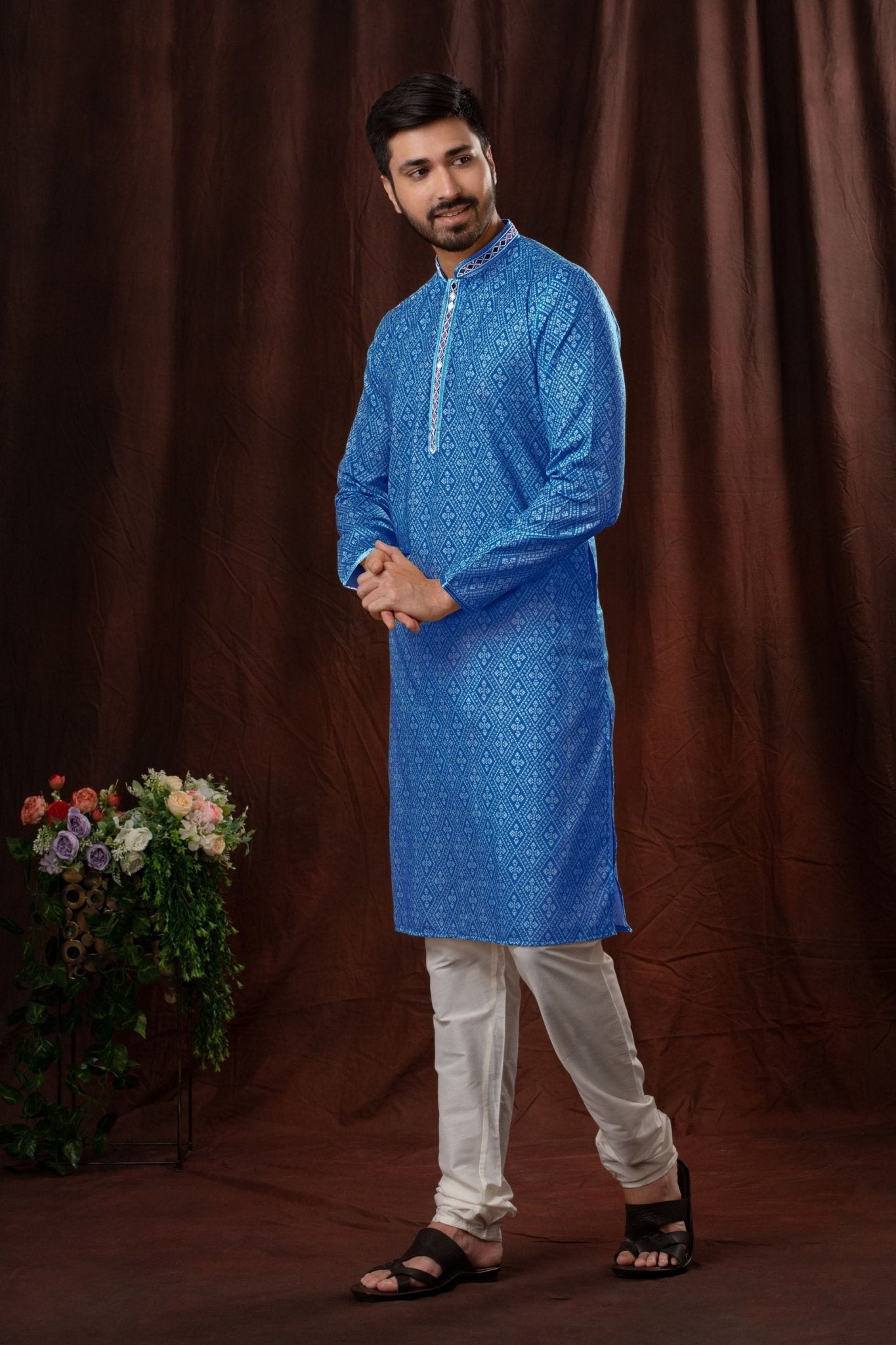 Royal Blue Printed Art Silk Kurta for Men with Off - White Pyjama - Mangaldeep NX