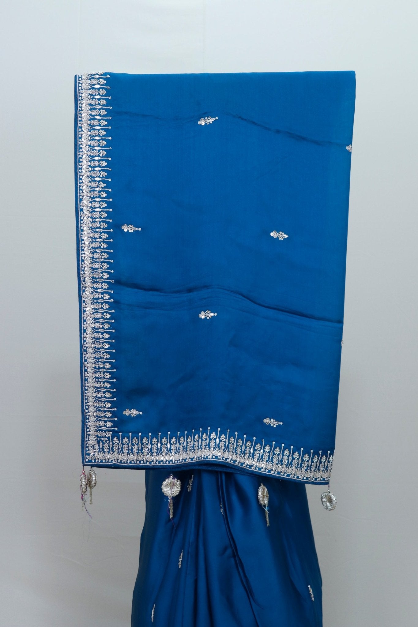 Royal Blue Satin Silk Saree Tassels Elegant Party Wedding Wear Saree - Mangaldeep NX