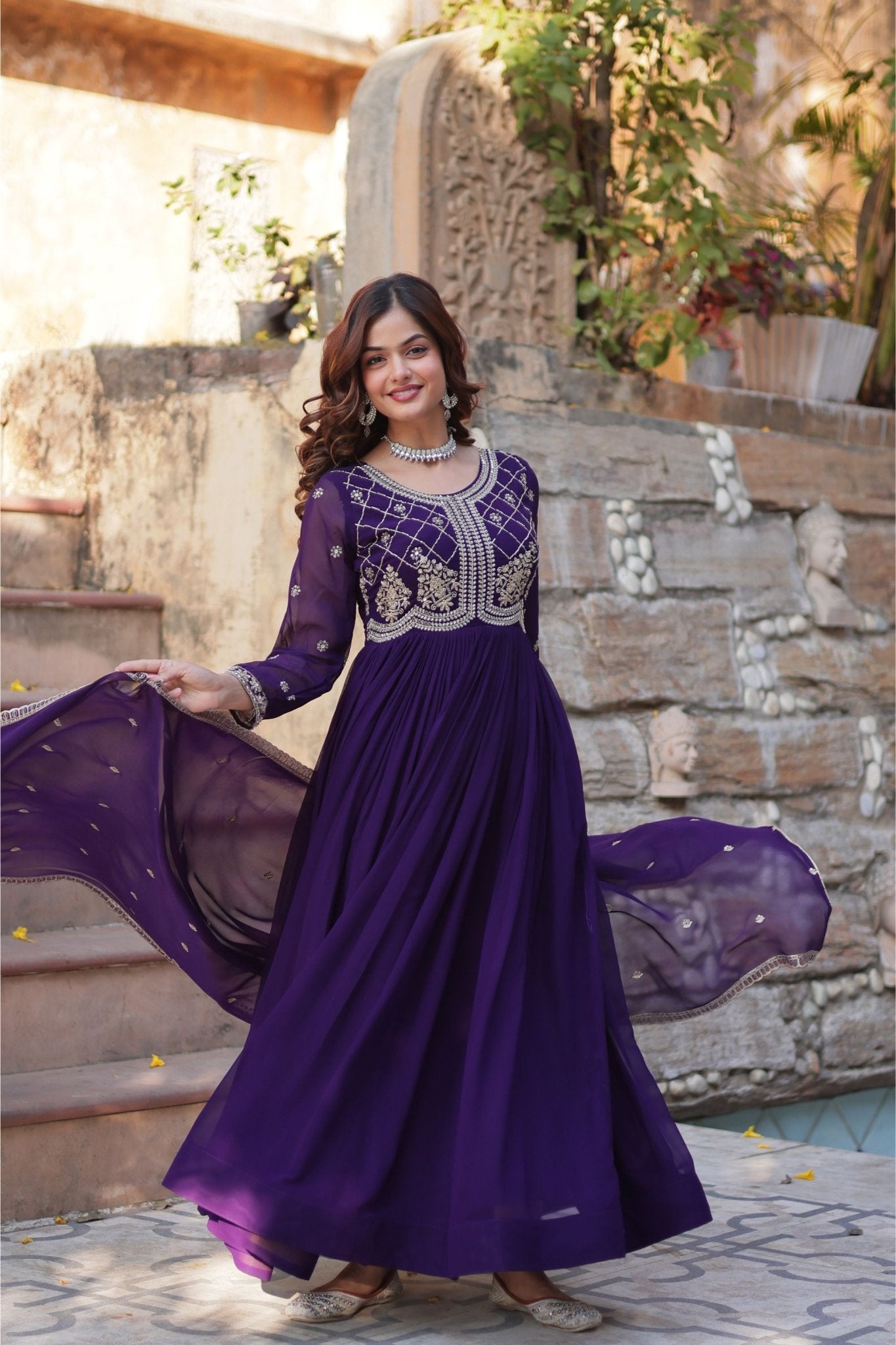 Royal Purple Anarkali Suit with Intricate Golden Embroidery - Mangaldeep NX