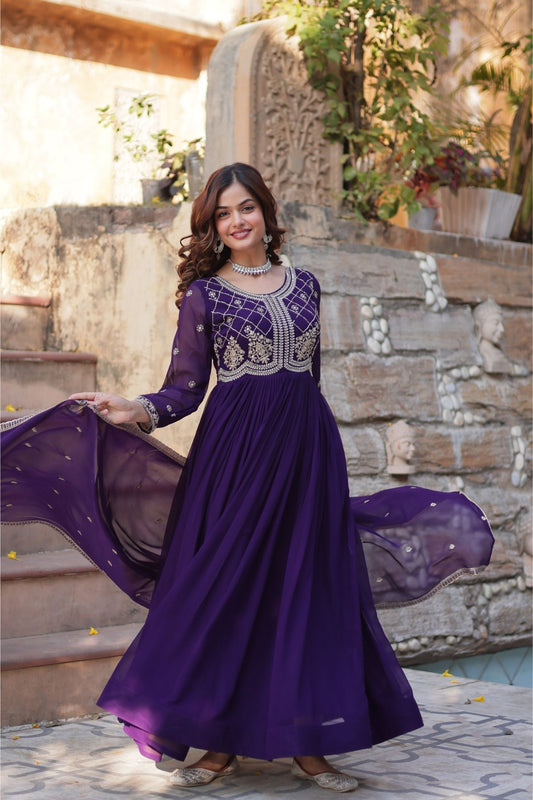 Royal Purple Anarkali Suit with Intricate Golden Embroidery - Mangaldeep NX