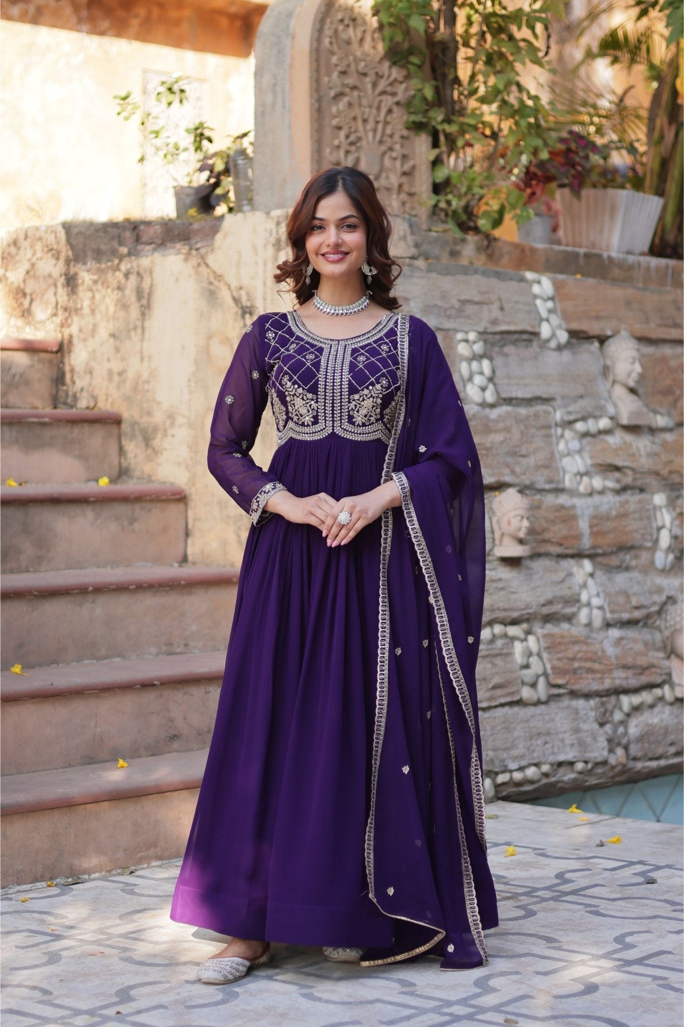 Royal Purple Anarkali Suit with Intricate Golden Embroidery - Mangaldeep NX